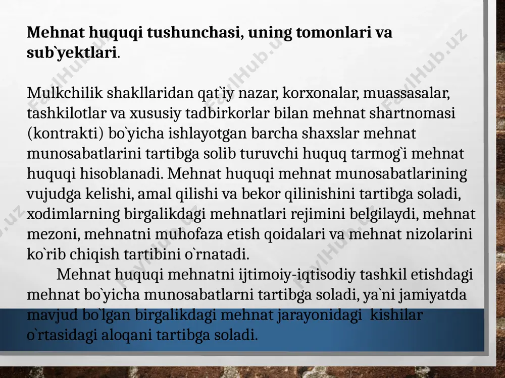 0 soatdan oshiq bo`lishi mumkin emas. ish haftasi bir va ikki dam olish kunlari bilan besh kunlik, olti kunlik bo`lishi mumkin. sutka davomidagi ish vaqti muddati ish kuni deb atalib, etti soatni tashkil etadi. besh kunlik ich haftasida esa ishning muddati sakkiz soatdan ortib ketmasligi lozim(114-modda). bayram(ishlamaydigan) kunlari arafasida ish kuni muddati ( smena) kamida bir soatga qisqartiriladi(121-modda). dam olish vaqtining quyidagi turlari mavjud: 1) ish kuni davomidagi dam olish vaqti; 2) ish kunlari orasidagi dam olish vaqti; 3) ish haftalari o`rtasidagi dam olish vaqti (dam olish kuni); 4) bayram kunlaridagi dam olish vaqti; 5) yillik mehnat ta`tili. dam olish kunlarida ishlatish taqiqlanadi. xodimlarni ular dam oladigan kunlari ishga jalb etish mehnat qonunchiligi yo`l bergandagina amalga oshiriladi(220,228,245-modda) va buning uchun alohida kompensatsiya va haq to`lanadi(157-modda). ish vaqtidan tashqari, dam olish kunlari va bayram kunlaridagi ishga ikki hissadan kam bo`lmagan miqdordagi haq to`lanadi. xodimning roziligi bilan boshqa dam olish kuni (otgul …