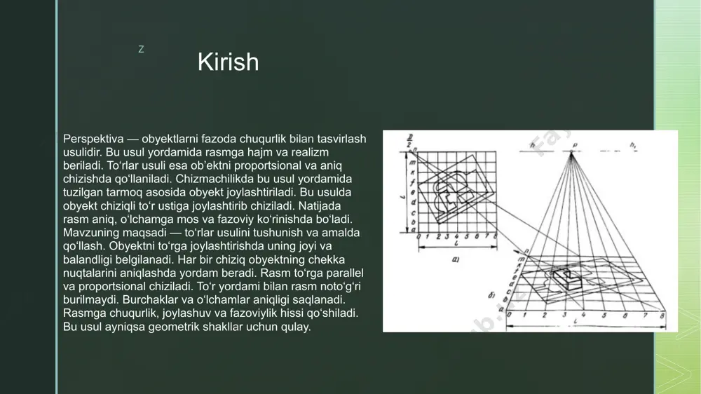 chiziqlari tortiladi. ushbu chiziqlar orasidagi masofalar teng bo‘lishi kerak. to‘r obyektga asos bo‘lib xizmat qiladi. uning ustiga rasmni qatlamlab chizish osonlashadi. bu usul xatolik ehtimolini kamaytiradi. to‘r chiziqlari noto‘g‘ri chizilsa, rasmda buzilish paydo bo‘ladi. chiziqlar teng bo‘lmasa, obyekt proporsiyasi o‘zgaradi. ko‘pincha yo‘nalish nuqtasi noto‘g‘ri tanlanadi. to‘r chizig‘i ortiqcha ko‘p yoki kam chizilishi mumkin. ob’ekt to‘rga mos tushmasa, bu ham xatolik hisoblanadi. chizmalarni o‘lchab va reja asosida chizish kerak. tajriba va mashq xatoliklarni kamaytiradi. z 🟩 4. ufqlik va yo‘nalish nuqtasi ufq chizig‘i — bu ko‘rish chizig‘i, ya’ni ko‘z balandligidagi to‘g‘ri chiziqdir. yo‘nalish nuqtasi esa — obyekt chizilayotgan yo‘nalishdagi markaziy nuqtadir. to‘rlar ushbu nuqtadan chiqayotgan chiziqlar asosida chiziladi. har bir chiziq masofa va joylashuvni belgilaydi. bunday chiziqlar orqali obyektlar to‘g‘ri joylashtiriladi. yo‘nalish nuqtasining soniga qarab perspektiva turi belgilanadi. bu nuqtalar aniqlik va simmetriya yaratadi. shu nuqtadan to‘r chiziqlari yasaladi. gorizontal va vertikal chiziqlar bilan kvadratli to‘r tuziladi. kubning old tomon to‘rga …