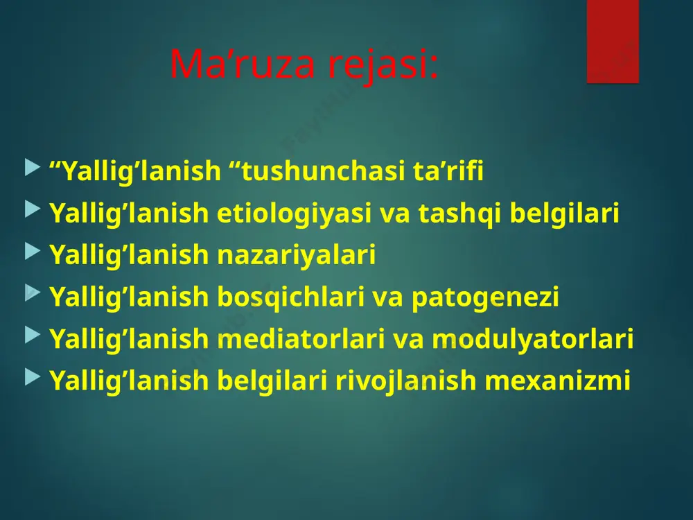 ekssudativ 3. proliferativ seroz (kataral) fibrinoz(krupoz yoki difteritik yiringli (absess,flegmona,empiema) gemorragik chirigan aralash nospetsifik spetsifik (tuberkulyoz, qorin tifi, dizenteriya) reaktivligi bo’yicha – giperergik,gipoergik,normergik klinik kechishiga ko’ra– o’tkir (1 oygacha.), o’tkir osti (3 oygacha.), surunkali (3 oydan ortiq.) hukm surayotgan turg’un jarayonga bog’liqligi jihatidan: yallig’lanish oqibati : tuzalish o’tkir yallig’lanish surunkali ga o’tishi bir yallig’lanish ikkinchi yallig’lanishga o’tishi hujayra va to’qimalarda orqaga qaytmas o’zgarish (некробиоз, некроз) letallik. yallig’lanish etiologiyasi ekzogen flogogenlar mexanik fizik (elektr toki, ionlashgan radiatsiyalar, termik) kimyoviy (kislotalar, ishqorlar, zaharlar) biologik (bakteriyalar, viruslar, zamburug’lar, protozoylar,) psixogen yallig’lanish etiologiyasi ii.endogen flogogenlar qon aylanishining buzilishi (trombozlar, infarkt, nekroz) o’sma o’sishi autoimmun reaksiyalar iii. aralash omillar infarkt + infeksiya tromboz+infeksiya yallig’lanish mahalliy belgilari 44 yallig’lanishda mahalliy belgilar rubor qizarish calor - issiqlik tumor – shish dolor – og’riq functio laesa ‑ нарушение функции yallig’lanish umumiy belgilari leykotsitoz/leykopeniya isitma oqsil profilida o’zgarish gormonlar, fermentlar tarkibi o’zgarishlari echt ortishi patologik reflekslar paydo bo’lishi intoksikatsiya,sepsis …
