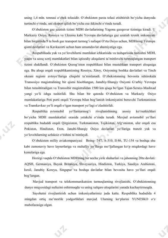 iy gaz, volfram, kaliy tuzi, fosforitlar, kaolinlarning aniqlangan zahiralari va istiqbolli loyihalari bo‘yicha o‘zbekiston nafaqat mdhda, balki dunyo miqyosida ham yetakchi o‘rinlarni egallaydi. o‘zbekiston kazib olinadigan oltinning umumiy xajmi bo‘yicha dunyoda sakkizinchi o‘rinni, uni aholi jon boshiga ishlab chikarish bo‘yicha esa beshinchi o‘rinni egallaydi; respublika 30 ga yaqin oltin konlar aniqlangan. muruntog‘dagi oltin konlarini (miqdori va sifati bo‘yicha) kolondayk (aqsh), vitvatersrand (jar), kolar (hindiston) singari jahondagi eng yirik konlar bilan bir qatorga qo‘yish mumkin. mustaqillik sharofati tufayli, oltin zahiralarini o‘zi tasarruf etish imkoniyatiga ega bo‘lgan o‘zbekiston, jahon oltin bozorida ham teng huquqli hamkor bo‘la olishi mumkin. butun markaziy osiyo mintaqasi bo‘yicha gaz kondensati zahiralarining 74 %, neftning 31 %, tabiiy gazning 40 %, ko‘mirning 55 %i o‘zbekiston hissasiga tog‘ri keladi. tabiiy gaz qazib olish bo‘yicha respublika mdh mamlakatlari ichida uchinchi o‘rinda va dunyodagi bu sohaning kuchli yetakchi 10 mamlakatlari qatorida turadi. o‘zbekiston markaziy osiyoda va mdh doirasida paxta etishtiruvchi asosiy …