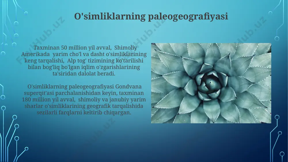iklarning fitosenozlari tarkibiy jihatdan 50 dan ortiq turdagi o'simliklarni o'z ichiga olgan murakkab tuzilmalar bo'lib, ularning o'zaro munosabatlari va atrof-muhit sharoitlari, masalan, orol dengizi atrofidagi cho'l zonalarida aniq namoyon bo'ladi. o'zbekistonning qoraqalpog'iston respublikasidagi qumli cho'llarda fitosenozlarning biomassasi 1 gektar uchun 5-10 sentnerdan oshmaydi, shuningdek, tuproqning tuzilishi va suv ta'minotiga bog'liq. o'simliklarning geografik diversifikatsiyasi amazon oʻrmonlari, dunyodagi eng katta tropik oʻrmon, 40,000 dan ortiq oʻsimlik turi bilan, har yili 200 ta yangi tur aniqlanmoqda, bioxilma-xillikni namoyish etadi. markaziy osiyoda, ayniqsa, qizilqum choʻlida, tuproq va suvning cheklanganligi sababli, 500 ga yaqin xalqaro ahamiyatga ega boʻlgan noyob oʻsimlik turlari mavjud. o'simliklarning hayot shakllari raunkiyerning 5 ta asosiy hayot shakli (fanerofitlar, xamefitlar, geofitlar, terofitlar, efemeroidlar) oʻsimliklarning qishki sharoitlarga moslashuvini va tarqalishini tushunishda muhim rol oʻynaydi, xususan, 30°n kenglikdagi hududlarda. oʻsimliklarning hayot shakllari, masalan, daraxtlar (20 m dan yuqori boʻyi), butalar (2-8 m) va oʻtlar (1 m dan past), geografik zonalarga, masalan, choʻllar (sahara choʻli) …
