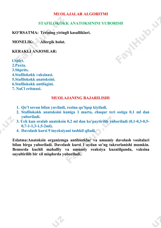 ararsizlantiriladi. 9. tayyorlangan preparat ustiga 2 – 3tomchi 10 – 30 % li ishqor (kon yoki naon) eritmasi tomiziladi. 10. ustiga qoplag’ich oynacha bilan yopiladi. 11. spirtli lampa alangasida quritiladi. 12. tayyorlangan preparat mikroskop ostida ko’riladi. eslatma: mikroskopik tekshirishda: 1. preparat bo’yalmasdan, fiziologik eritma bilan ko’riladi. 2. preparat bo’yalmasdan, ishqor tomizib tekshiriladi. 3. preparat bo’yalib ko’yiladi. muolajalar algoritmi psoriaz kasalligida stearin dog’ terminal parda, nuqta – nuqta qonash simptomlarini aniqlash ko’rsatma: psoriaz kasalligi kerakli anjomlar: 1. spirt. 2. paxta. 3. skalpel. muolajaning bajarilishi: 1. qo’l sovun bilan yuviladi, rezina qo’lqop kiyiladi. 2. bemorga muolaja haqida ma’lumot beriladi. 3. bemorga qulay vaziyat yaratiladi. 4. qo’l yuviladi va rezina qo’lqop kiyiladi. stearin dog’ simptomi 1. steril skalpel yordamida teridagi toshma papula qiriladi. 2. qirish natijasida muguz hujayralar to’xtovsiz ko’chib tushadi vaostida dog’ «stearin dog’i» paydo bo’ladi. terminal parda simptomi 1. tuguncha sathidagi dog’ qirishda davom ettiriladi. 2. muguz hujayralari ostida yupqagina parda …
