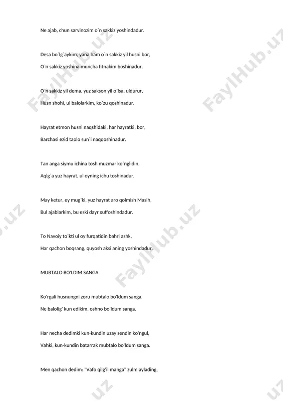 un, xush chiqishsang lahzani bu zori hojatmand ila. lablaring hajrinda yur parkandkim bo'lmish ko'ngul, la'l erur mahlul qon o'rnig'a har parkand ila. chun navoiy ko'ngli sindi, emdi lutfing ne asig'? kim ushatsa shishani bitmas yana payvand ila. oshiq o'ldum oshiq o'ldum, bilmadim yor o'zgalarga yor emish, olloh-olloh, ishq aro mundoq balolar bor emish. qaddig'a el mayli bo'lg'ondin ko'ngul ozurdadur, ul alifdin zorlarning hosili ozor emish. elga novak urdi, men o'ldim erur bu turfakim, jonim etgan resh el bag'rig'a kirgan xor emish. rishtakim, muhlik yaram og'zig'a tiktim angladim, kim kafan jinsi qirog'idin suvurgan tor emish. ko'yi devoridin og'riq tang'a tushgan soyadek, sel g'amidin emdi soya o'rnig'a dildor emish. jong'a taxvif ayladim tig'i halokidin aning, bilmadim bu ishdin ul o'lguncha minnatdor emish. ey navoiy, xo'blarni ko'rma osonlig' bilan, kim biravkim soldi ko'z, uzmak ko'ngul dushvor emish. istadim qon yutub umri jahon ahlida bir yor istadim, lekin ul kamrak topildi, garchi bisyor istadim. …