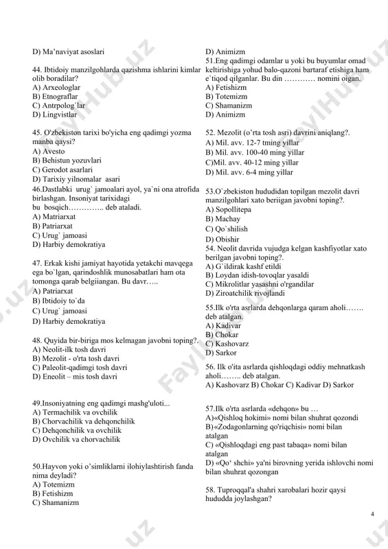 95-y, 18-fevral s) 1398-y, 5-mart d) 1404-y, 18-noyabr 37.amir temur saltanatida feodal yer egaligining keng tarqalgan shaklini aniqlang? a) suyurg’ol yer egaligi b) tanho yer egaligi s) mulk yer egaligi d) iqto yer egaligi 38. xiva shayboniylari sulolasining dastlabki hukmdorini aniqlang? a) elbarsxon b) abulg’oziy bahodirxon s) muhammad aminxon d) eltuzarxon 39.amir temurga haykal oʻrnatilgan shaharlarni aniqlang? a) toshkent, samarqand, shahrisabiz b) samarqand, shahrisabiz, buxoro s) termiz, samarqand, toshkent d) toshkent, samarqand, qarshi, farg’ona 40. o’zssrning dastlabki poytaxtini aniqalang? a) buxoro b) toshkent s) samarqand d) qo’qon 41.mirzo ulug’bek tomonidan qaysi shaharlarda madrasalar qurildi? a) samarqand, buxoro, gʻijduvon b) buxoro, toshkent, samarqand s) samarqand, turkiston, buxoro d) shahrisabz, buxoro, samarqand 42.zahriddin muhammad bobur tomonidan hindistonda tashkil eitlgan imperiya shu davrgacha jahon tarixida qanday nomlangan? a) “buyuk mug’ullar imperiyasi” b) “boburiylar imperiyasi ”” s) “gʻolib mug’ullar imperiyasi ” d) “ulug’ mug’ullar imperiyasi ” 43. jadidlar yoshlarni milliy g’oya ruhida tarbiyalashda qaysi …
