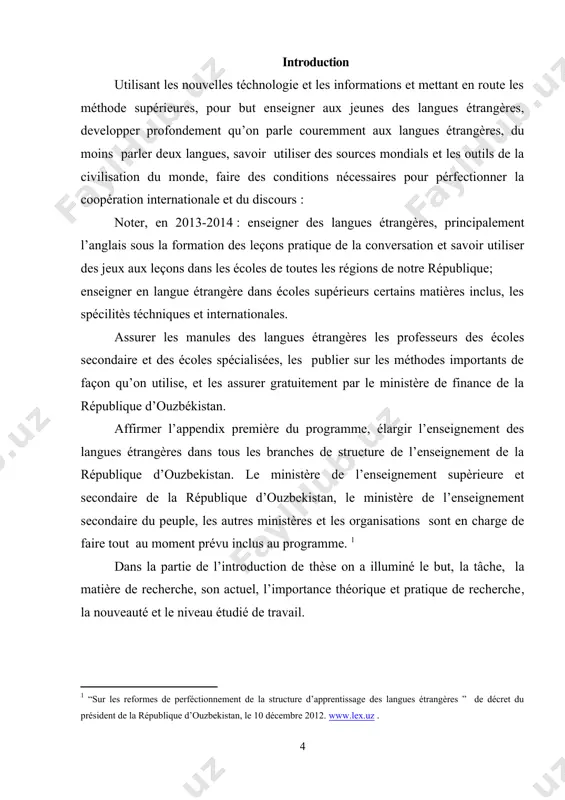 principalement l’anglais sous la formation des leçons pratique de la conversation et savoir utiliser des jeux aux leçons dans les écoles de toutes les régions de notre république; enseigner en langue étrangère dans écoles supérieurs certains matières inclus, les spécilitès téchniques et internationales. assurer les manules des langues étrangères les professeurs des écoles secondaire et des écoles spécialisées, les publier sur les méthodes importants de façon qu’on utilise, et les assurer gratuitement par le ministère de finance de la république d’ouzbékistan. affirmer l’appendix première du programme, élargir l’enseignement des langues étrangères dans tous les branches de structure de l’enseignement de la république d’ouzbekistan. le ministère de l’enseignement supèrieure et secondaire de la république d’ouzbekistan, le ministère de l’enseignement secondaire du peuple, les autres ministères et les organisations sont en charge de faire tout au moment prévu inclus au programme. [footnoteref:1] [1: “sur les reformes de perféctionnement de la structure d’apprentissage …