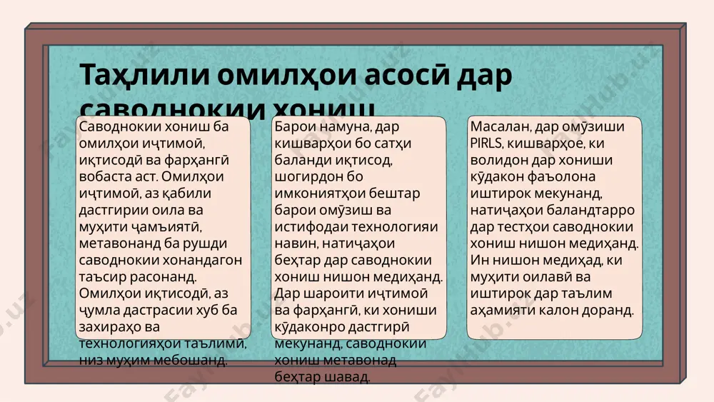 муҳити баробар ва дастрасии ҳамаҷониба ба манбаъҳои таълимиро таъмин мекунад. воситаҳои таълими фарогир, аз ҷумла методҳои гуногуни таълим, баёнгари муҳити таълимии фарогир буда, ба хонандагон имконият медиҳанд, ки бо шеваҳои мухталиф ба омӯзиш машғул шаванд. масалан, истифодаи вазифаҳои интерактивӣ ва технологияҳои замонавӣ барои ҷалби иштирок ва муоширати бештар бо хонандагон муҳим аст. мисолҳо аз таҷрибаи байналмиллалӣ нишон медиҳанд, ки кишварҳои қабулкарда, мисли скандинавия, бо истифодаи таълими фарогир ба натиҷаҳои баланд дар саводнокии хониш ноил шудаанд. масалан, дар норвегия сатҳи саводнокии хониш бо 10% афзоиш ёфтааст, ки нишон медиҳад, ки таълими фарогир метавонад ба пешрафти назаррас ноил шавад. методологияи таълими фарогир методологияи таълими фарогир ба донишҷӯён имконият медиҳад, ки дар муҳити таълимӣ бо усулҳои гуногун ва тактикаҳои интерактивӣ иштирок кунанд. ин методология на фақат ба саводнокии хониш, балки ба рушди қобилиятҳои иҷтимоӣ ва равонӣ низ мусоидат мекунад. масалан, дар як синфи фарогир, донишҷӯён бо қобилиятҳои гуногун метавонанд ҳамкорӣ кунанд, ки ин …