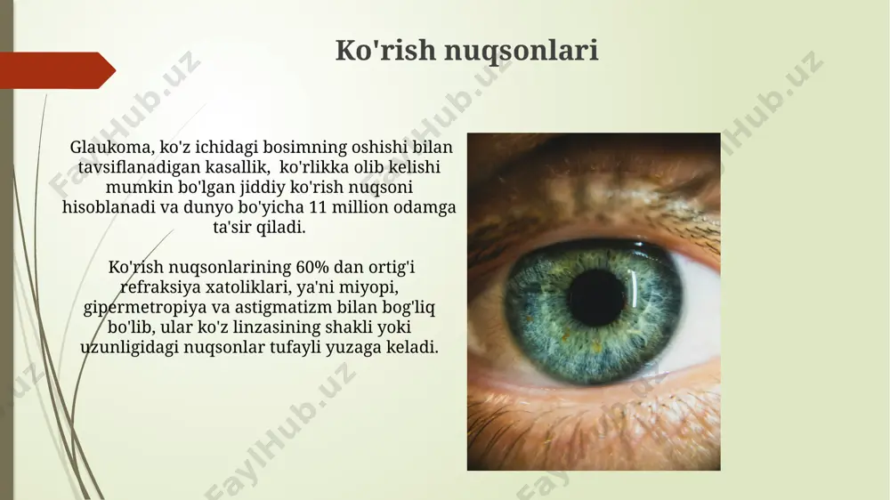 reseptorlar (rodopsin va iodopsin o'z ichiga olgan tayoqcha va konus hujayralar) mavjud bo'lib, ular yorug'likni sezadi va miyaning vizual korteksiga signal yuboradi. ranglarni idrok etish ranglarni idrok etish jarayonida 3 ta asosiy turdagi rang retseptorlari – konussimon hujayralar ishtirok etadi, ular qizil, yashil va ko'k ranglarga sezgir bo'lib, millionlab ranglarni farqlash imkonini beradi. inson ko'zi taxminan 10 million rangni farqlay oladi, bu ranglarning to'yinganligi va yorqinligiga bog'liq holda farq qiladi, lekin ko'rish qobiliyati yoshi va individual farqlarga bog'liq. visual analizatorlarning roli ko'rish analizatorining yuqori sezuvchanligi tufayli, 5-10 lyuks yorug'likda ham ob'ektlarni aniqlash mumkin, bu esa kam yorug'lik sharoitida ham moslashishni ta'minlaydi. inson ko'rish analizatori ranglarni (taxminan 10 millionta) farqlash, chuqurlikni aniqlash (stereoskopik ko'rish) va harakatni kuzatish kabi murakkab vazifalarni bajaradi. e'tiboringiz uchun rahmat @taqdimot_robot image1.jpg image2.jpg image3.jpg image4.jpg image5.jpg image6.jpg image7.jpg image8.jpg image9.jpg image10.jpg image11.jpg image12.jpg image13.jpg image14.jpg image15.jpg image16.jpg image17.jpg