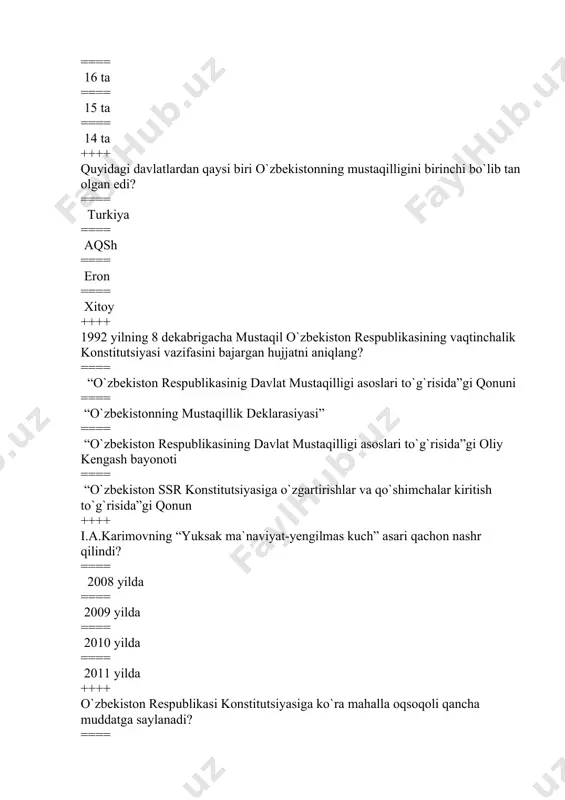 l ++++ o`zbekiston respublikasining birinchi ordenini aniqlang? ==== “sog`lom avlod uchun” ==== “shon-sharaf” ordeni ==== “buyuk xizmatlari uchun” ordeni ==== "amir temur” ordeni ++++ “shanxay forumi” shhhtga o`zgartirilmasdan oldin qanday nomlangan? ==== “shanxay beshligi” ==== “shanxay do`stligi” ==== “shanxay ittifoqi” ==== “shanxay sammiti ++++ “shanxay beshligi” tashkilotiga dastlab qaysi davlatlar kirgan? ==== rossiya, xitoy, qozog`iston, qirg`iziston, tojikiston ==== rossiya, xitoy, qozog`iston, qirg`iziston, turkmaniston ==== rossiya, xitoy, qozog`iston, o`zbekiston, tojikiston ==== rossiya, xitoy, o`zbekiston, qirg`iziston, tojikiston ++++ o`zbekiston respublikasining milliy valyutasi – so`m qachon muomalaga kiritildi? ==== 1994 yil 1 iyulda ==== 1995 yil 1 noyabrda ==== 1996 yil 16 iyunda ==== 1997 yil 1 iyulda ++++ ++++ bekobod metallurgiya zavodi qaysi viloyatda joylashgan? ==== toshkent viloyatida ==== sirdaryo viloyatida ==== samarqand viloyatida ==== buxoro viloyatida ++++ i.a.karimovning “o`zbekistonning o`z istiqlol va taraqiyot yo`li” kitobi qachon nashr qilindi? ==== 1992 yilda ==== 1994 yilda ==== 1995 yilda ==== 1996 yilda ++++ …