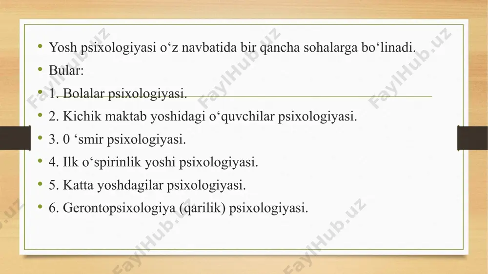 arni o‘zlashtirishning yosh imkoniyatlarini tadqiq qilish; 2) shaxs rivojlanishining muhim omillarini o‘rganish; 3) psixik taraqqiyotning umumiy qonuniyatlarini hamda bosqichlarini tadqiq etish; 4) har bir yoshning psixologik va individual xususiyatlarini o‘rganish. yosh psixologiyasining nazariy vazifalari: — insonning butun hayot yo‘li davomida psixik taraqqiyoti manbalari, mexanizmlari va harakatga keltiruvchi kuchlarini o‘rganish; — ontogenezda psixik rivojlanishni davrlashtirish; — psixik jarayonlar kechishining yosh xususiyatlarini va qonuniyatlarini o‘rganish; — turli yosh davrlarida bilimlarni o‘zlashtirish, turli faoliyatlarni amalga oshirish qonuniyatlari, xususiyatlari va imkoniyatlarini aniqlash; — turli yosh bosqichlarida shaxs rivojlanishini tadqiq qilish. yosh psixologiyasining amaliy vazifalari: — psixik funksiyalarning yosh normalarini aniqlash, insonning ijodiy potensialini va psixologik zaxiralarini ishga tushirish; — bolalarning ruhiy salomatligini va psixik taraqqiyotning kechishini tizimli nazorat qilish xizmatini tashkil etish, ota-onalarga muammoli vaziyatlarda yordam ko‘rsatish; — yosh va klinik diagnostika; — inson hayotining inqirozli davrlarida yordam ko‘rsatish, psixologik qo‘llab-quvvatlash funksiyasini bajarish; — uzluksiz ta’lim tizimda o‘quv jarayonini optimal tashkil etish. rivojlanish jarayonining …
