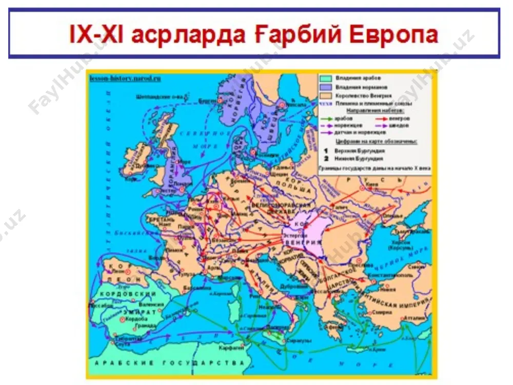 nishga, masalan, bozorda sotish uchun baliq ovlash va shu kabilarga ruxsat berilmagan. jamiyatning tabaqaviy tizimi. xi asr oxiriga qadar germaniyada yer egaligi jamiyatining asosiy toifalari shakllanib bo‘ladi. endi jamiyat asosi yirik yer egalari va qaram dehqonlardan iborat edi. qishloqlarda yashovchi har bir dehqon shu yerdagi yirik yer egasi — zodagonga bo‘ysunib, u belgilangan majburiyatlarni o‘tashi, agar xo‘jayin davlat yerida emas, balki o‘z allodini saqlab qolgan bo‘lsa, dehqon grafga huquq jixatidan itoat etib, belgilangan yillik badal haqqini to‘lashi lozim edi. germaniya ijtimoiy tuzumidagi xususiyatlardan biri, unda to‘liq yoki qisman yeriga egalik huquqini saqlab qolgan erkin dehqonlar tabaqasining mavjudligi edi. ammo bu dehqonlar qirol, gersoglar, graflar va boshqa sud hokimiyatiga ega mulkdorlar tazyiqini ham boshdan kechirganlar. qaram dehqonlar barshina o‘tashlari, mehnat majburiyatidan tashqari o‘z yerlaridan soliqlar to‘lashlari, yerni merosga qoldirishda, nikohga o‘tishlarida feodalga boj to‘lashlari lozim edi. hukmron toifa yirik mulkdorlar, gersoglar, markgraflar, graflar, arxiepiskoplar, episkoplar, abbatlar, o‘rta yer egalari va ko‘p …