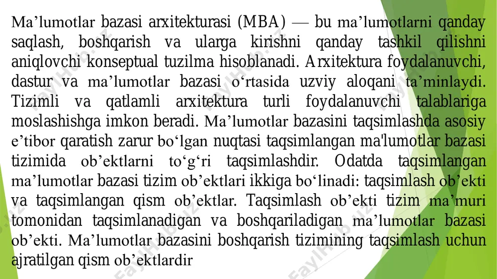 ar tomonidan tahdidlar to‘g‘risida xabardorlik darajasining yetarli emasligi tahdidlarni amalga oshirishning salbiy oqibatlariga olib kelishi mumkin. hozirgi vaqtda axborot xavfsizligini ta’minlashda foydalaniladigan ma’lumotlar bazalariga yangi turdagi turdagi tahdidlar kiritib borilmoqda, ammo bu tahdidlar avtomatlashtirilgan tizimlar uchun umumiy xususiyatga ega bo‘lib, buning natijasida ma’lumotlar bazasini boshqarish tizimlariga tahdidlarni tasniflash vazifasi qo‘shilmoqda. 1-rasm. ansi/sparc tomonidan ishlab chiqilgan arxitektura. korporativ tarmoq foydalanuvchilarining taqsimlangan ma’lumotlar bazasi xavfsizligini ta’minlashda ikki xil darajadagi arxitekturadan foydalaniladi. birinchisi taqsimlangan ma’lumotlar bazasi tizimlari uchun ansi/sparc (american national standards institute, standards planning and requirements committee) tomonidan maxsus ishlab chiqilgan arxitektura asosida markazlashtirilgan mbbtlari uchun umumiy komponentlar arxitekturasi. ikkinchisi ixtiyoriy ma’lumotlar bazasi uchun foydalaniladigan mijoz-server arxitekturasi. ko‘pchilik tashkilotlar odatda mijoz- server arxitekturasidan foydalanadi. bunga asosiy sabab arxitekturaning oddiyligi va foydalanish qulayligidir. bundan tashqari ushbu arxitektura har bir foydalanuvchi tomonidan yuborilgan so‘rovlarni tashqi, konseptual va ichki ko‘rinishda ko‘rish va qabul qilish imkonini beradi. bu arxitektura etalon arxitektura bo‘lganligi sababli tashkilotlar ma’lumotlar bazalarini …