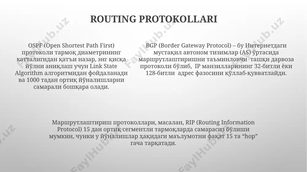 rak. optimal tarmoq topologiyasini tanlashda, tugunlar soni va ular orasidagi masofani hisobga olib, masalan, yulduzsimon yoki halqa topologiyalarni qo'llash mumkin. ip-manzillar va subnetlar classless inter-domain routing (cidr) notatsiyasi, masalan, 192.168.1.0/24, ip-manzil va subnet maskasini bitta qisqa yozuv sifatida ifodalaydi, bu esa tarmoq konfiguratsiyasini soddalashtiradi va yozuvni qisqartiradi. subnetlar ip-manzillar diapazonini kichikroq, boshqariladigan tarmoq segmentlariga bo'lish imkonini beradi, bu esa tarmoq samaradorligini oshiradi va xavfsizlikni yaxshilaydi, masalan, /24 subnet 254 ta xostni qo'llab-quvvatlaydi. subnetlar ip-manzillar diapazonini kichikroq, boshqariladigan tarmoq segmentlariga bo'lish imkonini beradi, bu esa tarmoq samaradorligini oshiradi va xavfsizlikni yaxshilaydi, masalan, /24 subnet 254 ta xostni qo'llab-quvvatlaydi. tarmoq xavfsizligi tarmoq xavfsizligini ta'minlashda kamida 2 omil muhim: kuchli parol siyosati va muntazam ravishda yangilanadigan antivirus dasturi. bu 90% kiberhujumlarni oldini olishga yordam beradi. firewall devorlari va intrusion detection/prevention system (ids/ips) kabi tarmoq xavfsizlik qurilmalari, tarmoqqa kirishni nazorat qilish va potentsial tahdidlarni aniqlashda muhim rol o'ynaydi. ular 7 qatlamli osi modelini himoya …