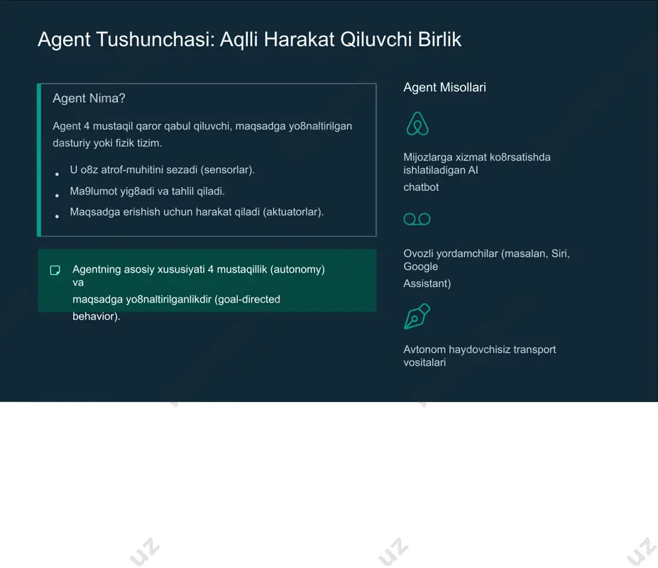 minlaydi. bank va moliya mijozlarga avtomatik yordam ko8rsatish, shaxsiylashtirilgan to8lov eslatmalari va firibgarlikni aniqlash. aqlli shahar boshqaruvi transport oqimini dinamik boshqarish, tezkor javob choralarini ko8rish va infratuzilmani optimallashtirish. elektron savdo (e-commerce) mijoz so8rovlarini avtomatik ajratish va turli mutaxassis agentlar yordamida tez va aniq hal qilish. zamonaviy mas: llm asosidagi agentlar inqilobi katta til modellari (llm) agentlarga inson nutqini tushunish va tabiiy muloqot qilish imkonini beradi. maxsus nutq tanish va sintez texnologiyalari orqali, agentlar o8zbek tilida yuqori sifatda xizmat ko8rsatishga qodir. mahalliy agentlar misoli markaziy osiyoda, xususan o8zbekistonda, til xususiyatlarini inobatga olgan holda maxsus ai agentlar yaratilmoqda. masalan, tbc uzbekistan bilan hamkorlikda ishlab chiqilgan ovozli ai agentlar amaliyotda katta yutuqdir. mas xavfsizligi va potensial muammolari agentlarning o8zaro ishonchga asoslangan muloqoti yangi xavfsizlik muammolarini keltirib chiqaradi. ishonch zaifligi agentlar orasidagi muloqot kanallari buzilgan taqdirda, noto8g8ri ma9lumotlar tarqalishi va tizim ish faoliyatining buzilishi xavfi mavjud. ma9lumotni zaharlash (data poisoning) rag (retrieval-augmented generation) kabi …