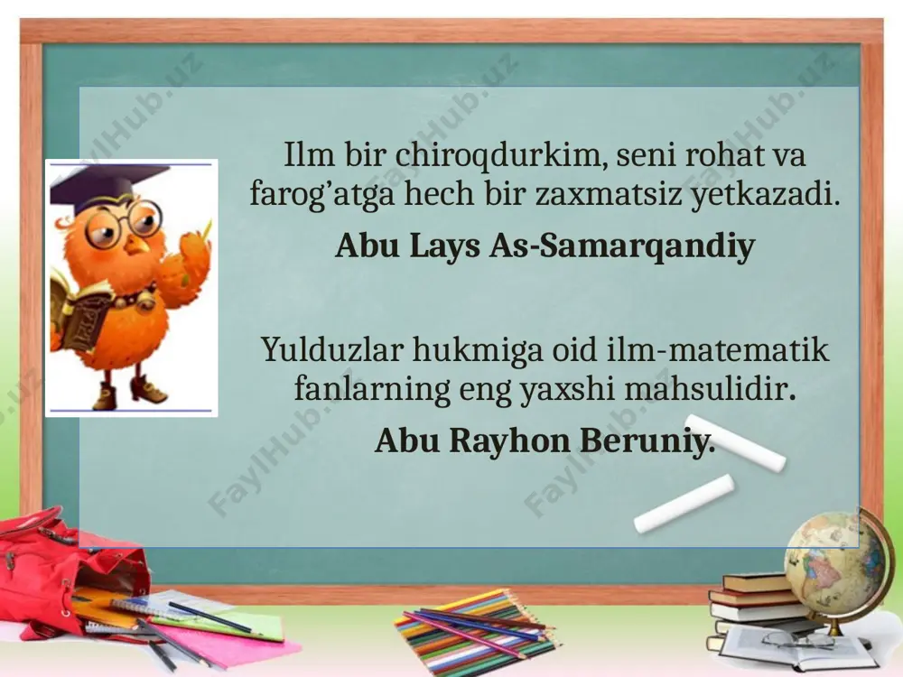 laning medianasini hisoblaymiz. yechish: 9,12,13,14,15; tanlanma toq bulganligi uchun, o’rtasidagi 13 soni mediana bo’ladi. javob: 13. 4. berilgan masalani kengligini hisoblaymiz. yechish: 15-9=6 javob:6 test1. moda deb qanday qiymatga aytiladi. i berilgan variatsion qatorda o’rganilayotgan belgining eng ko’p uchraydigan qiymati moda deyiladi va m0 kabi belgilanadi. ii. variatsion qator hadlarining soni toq bo’lsa, bu qator o’rtasida joylashgan had moda deyiladi va me kabi belgilanadi . iii. agar variantalar x1, x2,…….. xn bo’lsa, x=(x1+x2+…..xn)/n songa aytiladi. test2. variatsion qatorning eng katta hadi xn bilan eng kichik hadi x1 orasidagi farq (ayirma), ya’ni xn - x1 son x1, x2 …, xn … ta’rifni davom ettiring. i.tanlanmaning o’rta qiymati deyiladi. ii. tanlanmaning medianasi deyiladi. iii. tanlanmaning kengligi deyiladi. quyidagi masalani mustaqil yechishga harakat qiling. to’qqiz kishidan iborat hakamlar hay’ati 10 balli shkalada raqqosaning raqsini baholadi. kuzatish natijalari jadvalda keltirilgan: 1) o’rta qiymatini; 2) modasini; 3) medianasini; 4) kengligini toping. raqqosaning tartib raqami hakamlarning …