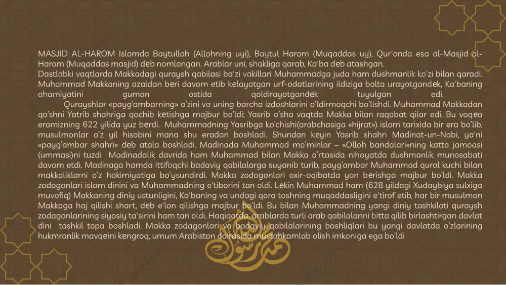 i haqida borar edi. abu bakr siddiqning xalifatu rasululloh — alloh elchisining oʻrinbosari boʻlib saylanishi shundan dalolatdir. aynan shu davrda hokimiyat vazifalarining (sud, moliya va h.k.) boʻlinishi va ularning, asosan, muhojirlar oʻrtasida taqsimlanishi yuz bergan. bu jarayon, yaʼni davlat boshqaruv tizimi diniylik qiyofasini yoʻqotib, dunyoviy tuye olishi 4 xalifa — abu bakr siddiq (632— 634), umar ibn xattab (634-644), usmon ibn affon (644—656) va ali ibn abu tolib (656—661) davrida uzilkesil amalga oshgan. ular "alxulafo arroshidun" (toʻgʻri yoʻldan boruvchi xalifalar) degan nom oldilar. muhammadning vorislaridan uchinchisi – xalifa usmon (644-656) makka zodagonlarining odami bo’lib, shu bilan bir vaqtda uni suriya arablari ham qo’llabquvvatlar edi. suriya noibi amir muoviya usmonning yaqin qarindoshi edi. usmon fitnachilar tomonidan o’ldirildi. uning o’rnini ali egalladi. ali muhammadning kuyovi bo’lib, uning qizi – fotimaga uylangan edi. ali madinadagi dеmokratik bеlgilarga va mеsopotamiyadagi arab harbiy koloniyalariga suyanishga harakat qildi. muoviya va uni qurshab turgan suriya-arab zodagonlari bu …