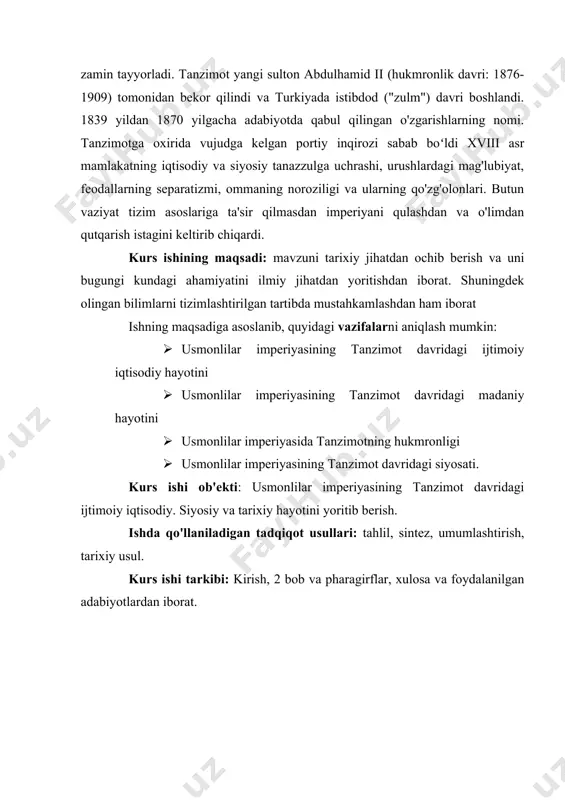 gi dunyoviy maktab tizimini rivojlantirish, armiyani prussiya harbiy xizmatga chaqirish tizimi asosida qayta tashkil etish, viloyat vakillik assambleyalarini tashkil etish, tijorat va jinoyat qonunchiligining yangi kodekslarini joriy etishni o'z ichiga oladi. qolaversa bu qonunlar ulamodan, ya'ni islom diniy kengashidan mustaqil bo'lgan yangi tashkil etilgan davlat sudlari tomonidan amalga oshirildi.[footnoteref:2] [2: ] usmonlilar imperiyasida 1839-1876 yillarda sultonlar hukmronligi davrida eʼlon qilingan bir qator islohotlar, yevropa gʻoyalari katta taʼsir koʻrsatgan bu islohotlar imperiyani teokratik tamoyillarga asoslangan eski tuzumdan zamonaviy davlat tuzumiga tubdan oʻzgartirishni maqsad qilgan edi. 1839-1876 yillar oralig'ida usmonlilar hukmronligini markazlashtirish va ratsionalizatsiya qilishga hamda imperiyaning harbiy mudofaasi uchun ko'proq soliq tushumlarini olishga qaratilgan bir qator hukumat islohotlari edi. tanzimot davri odatda markaziy hukumatdagi alohida shaxslar: sultonlar abdulmajit ii va abdulaziz hamda yuqori martabali mutasaddilar mustafo reshid pasho, ali posho va fuad poshobilan bog‘liq. tanzimatdan oldin xviii asrdan boshlab, xususan, abdulmajit i va abdulazizning otasi mahmud ii tomonidan amalga oshirilgan islohot …