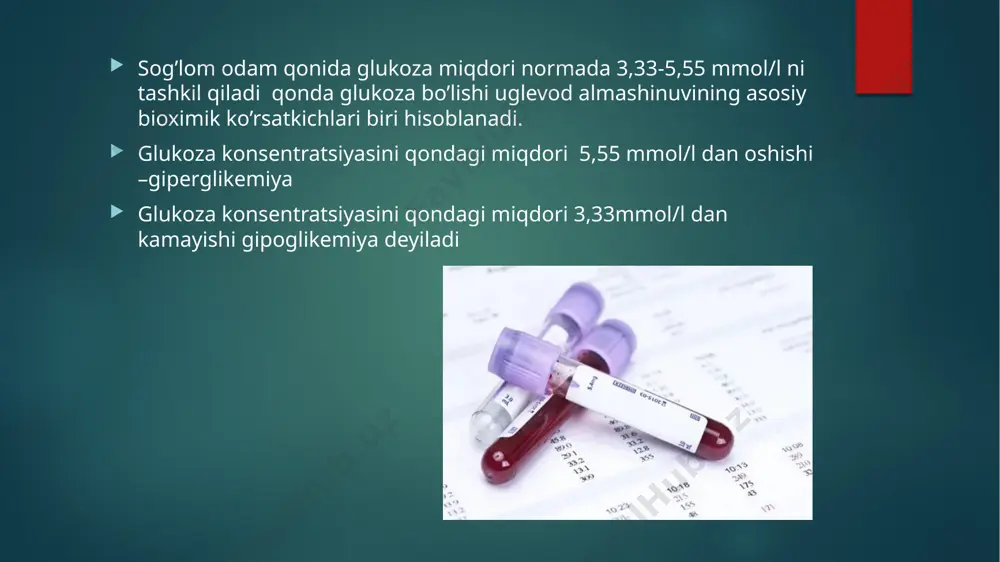 ishi kerak. keton tanachalari uchun test keton tanachalari uchun test: keton tanachalari erkin yog 'kislotalarining metabolizmidan hosil bo'ladi va asetoasetik kislota, aseton va b-gidroksibutirik kislotani o'z ichiga oladi. dmda keton tanalarini tekshirish uchun ko'rsatmalar quyidagilarni o'z ichiga oladi: qandli diabetning diagnostikasi qandli diabetning barcha ma'lum bo'lgan holatlarida, homiladorlik paytida va homiladorlik qandli diabetda muntazam ravishda qandli diabet bilan og'rigan bemorlarda: o'tkir kasallik, doimiy giperglikemiya (> 300 mg / dl), homiladorlik va diabetik atsidozning klinik belgilari (ko'ngil aynishi, qusish, qorin og'rig'i). dm bilan og'rigan bemorlarda keton tanachalarining ko'payishi yaqinlashib kelayotgan yoki aniqlangan diabetik ketoatsidozni ko'rsatadi va shoshilinch tibbiy yordamdir. qon va siydik ketonlarini aniqlash uchun keton tanachalari va nitroprussid o'rtasidagi kolorimetrik reaktsiyaga asoslangan usul (cho'p yoki tabletka yordamida) qo'llaniladi. diabetik ketoatsidozning diagnostikasi va monitoringi uchun faqat siydik ketonlari uchun test ishlatilmasligi kerak. dka diagnostikasi va monitoringi uchun b-gidroksibutirik kislotani (ketoatsidozdagi barcha ketonlarning 75% ni tashkil qiladi) o'lchash tavsiya etiladi. mikroalbuminuriya uchun …