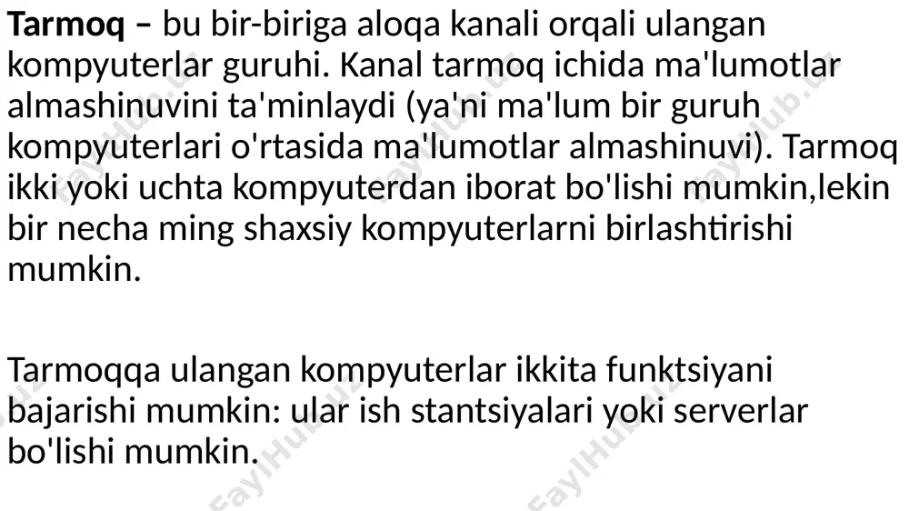 uter yoki dastur). - server - ba'zi bir xizmatlarni ko'rsatuvchi ob'ekt (kompyuter yoki dastur). gibrid - bir nechta neyron tarmoqlarni birlashtirib aniq muammolarni hal qilish uchun tarmoqlar. geterogen - shaxsiy kompyuterlar va boshqa qurilmalarni turli xil operatsion tizimlar yoki ma'lumotlarni uzatish protokollari bilan bog'laydigan kompyuter tarmog'i. tarmoq topologiyasi bo'yicha tasnif: "umumiy shina" topologiyasiga ega tarmoqlar; “yulduz" topologiyasiga ega tarmoqlar; “uzuksimon (dumaloq (kol’tso))" topologiyasiga ega tarmoqlar; daraxt topologiyasi tarmoqlari; aralash topologiya tarmoqlari. mahalliy tarmoq topologiyasi kompyuter tarmog'ining topologiyasi (joylashuvi, konfiguratsiyasi, tuzilishi) odatda tarmoqdagi kompyuterlarning bir-biriga nisbatan jismoniy joylashuvi va ularning aloqa liniyalari bilan bog'lanish usuli sifatida tushuniladi.. topologiya jihozga qo'yiladigan talablarni, ishlatiladigan kabel turini, almashinuvni boshqarishning maqbul va eng qulay usullarini, ishonchlilik ish, tarmoqni kengaytirish imkoniyati. uchta asosiy tarmoq topologiyasi mavjud: shina (bus) - barcha kompyuterlar bitta aloqa liniyasiga parallel ravishda ulangan. har bir kompyuterdan olingan ma'lumotlar bir vaqtning o'zida boshqa kompyuterlarga uzatiladi. yulduz (yulduz) - ikkita asosiy turi mavjud: faol …