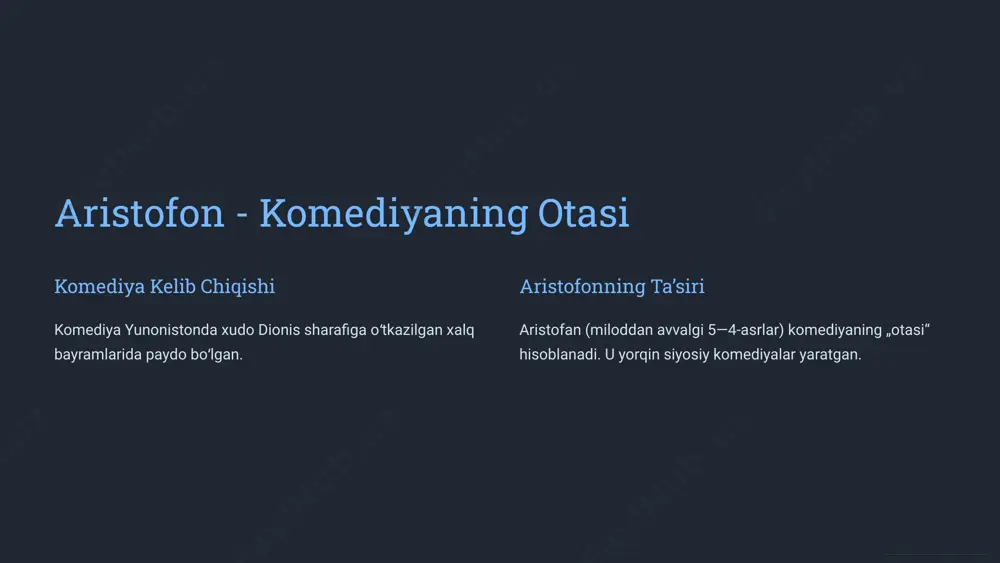 gili holatlar komediyasi qahramonlar kulgili holatlarga tushgan (hamza, „maysaraning ishi“). xarakter komediyasi kishilar harakteridagi bemaʼni xususiyatlar kulgili qilib koʻrsatilgan (molyer, „tartyuf“; a.qaxlor, „ayajonlarim“; e.vohidov, „oltin devor“). 6 kulgining tavsifiga koʻra komediya turlari satirik komediya voqelik, shaxslar satira qamchisi ostida gʻazab-nafrat uygʻotadigan, zaharxandali qilib ifodalangan — n.gogol, „revizor“, a.qahhor, „tobutdan tovush“). yumoristik komediya voqelik, shaxslarning ayrim jihatlari beozor kulgi tugʻdiradigan komediya — gotssi, „malikai turandot“, said ahmad, „kelinlar qoʻzgʻoloni“, hamid gʻulom, „toshbolta oshiq“). tragikomediya tragik va komik holatlar mujassamlashgan — r.muhammadjonov, „suyunchi“ filmi). 7 qadimgi attika komediyasi o‘tkir siyosiy jo‘shqinlik o‘tkir siyosiy jo‘shqinlik, demokratiya dushmanlariga qarshi murosasizlik — “qadimgi attika komediyasi”ning asosiy xususiyatidir. aristofonning ta’siri aristofanning asarlari o‘zmi-ko‘p miqdorda bizga qadar yetib kelgan. uning ijodida komediya mazmun jihatdan benihoyat kengaydi, shakl jihatdan yuksaklikka ko‘tarildi. 8 aristofonning shaxsiy hayoti 1 tugʻilishi eramizdan oldingi 445 yilda egina orolida tugʻilgan. 2 adabiy faoliyati 20 yoshida komediyanavislar musobaqasida qatnashib ikkinchi o‘rinni egallaydi. 3 asarlari qirq …