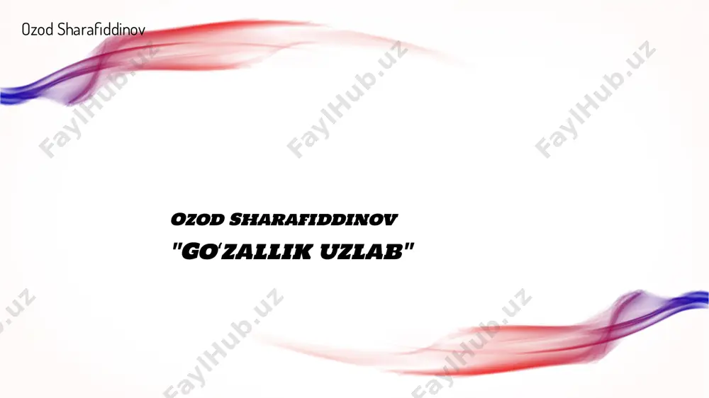 arayonidagi holatlarni „talant – xalq mulki“ (1979), „adabiyot – hayot darsligi“ (1981), „goʻzallik izlab“ (1985), „haqiqatga sadoqat“ (1988), „sardaftar sahifalari“ (1999), „prezident“ (2003) singari asarlarida aks ettirdi. • koʻlmak suvda quyosh parchasi“ (frans uaza sagan), „qadimgi xitoy nasri namunalari“, „monumental targʻibot“ (vl. boynovich), „al-ximik“ (paulo koel’o) singarilar. mustaqillik yillarida ozod sharafiddinov ham adabiy tanqidchi, ham tarjimon, ham jamoat arbobi sifatida ulkan ishlarni amalga oshirdi. „choʻlpon“ (1991), „choʻlponni anglash“ (1994) kitoblari. sharafiddinov „birinchi moʻʼjiza“ (1979), „talant — xalq mulki“ (1979), „adabiyot — hayot darsligi“ (1980), „hayot bilan hamnafas“ (1983), „goʻzallik izlab“ (1985) asarli zoho show to create beautiful presentations, download zoho show from play store https://zoho.to/cy7 untitled presentation.pdf (this pdf has been generated using zoho show)