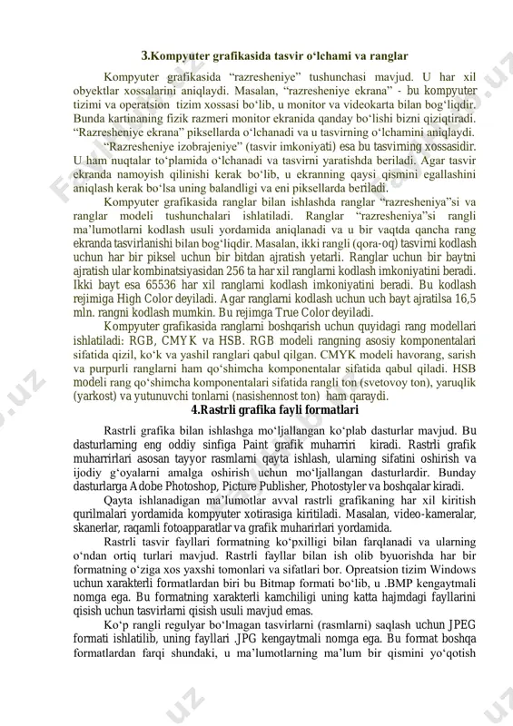 lekin nuqtali tasvirlarni vektorli tasvirga aylantirish foydalanuvchidan katta mahorat talab qiladi. vektorli grafika asosida giometrik figuralarning xossalari haqidagi matematik tasavvur yotadi. vektorli grafikaning matematik asoslari bu nuqta, to‘g‘ri chiziq, kesma, ikkinchi va uchunchi tartibli egri chiziqlardir. nuqta tekislikda ikkita son bilan (x,u) aniqlanadi. to‘g‘ri chiziq esa ikkita parametrga ega bo‘lgan y=ax+b tenglama orqali aniqlanadi. agar bu to‘g‘ri chiziq x o‘qida ikkita x1 va x2 koordinatalari bilan chegaralansa u kesmani aniqlaydi. ikkinchi tartibli egri chiziqqa parabola, giperbola, ellips va aylanani misol qilish mumkin. bu ikkinchi tartibli egri chiziq tenglamasi umumiy holda quyidagicha x2+a1y 2+a2xy+a3x+a4y+a5=0. kompyuterda vektorli tasvirlar bilan ishlash nuqtali tasvirlar bilan ishlashga qaraganda ancha oson. hozirda vektorli tasvirlar yaratuvchi amaliy dasturlar mashina grafikasining asosini tashkil qiladi. fraktal grafika - bu tasvirni chizish yoki jihozlash emas, balki uni matimatik hisoblashlarga asoslangan dasturlar asosida qurishdir. fraktal grafika odatda o‘yin dasturlarini yaratishda ko‘proq qo‘llaniladi. fraktal grafikada tasvirlar tenglamalar yordamida quriladi. bunda tenglama koeffitsiyentlarini …