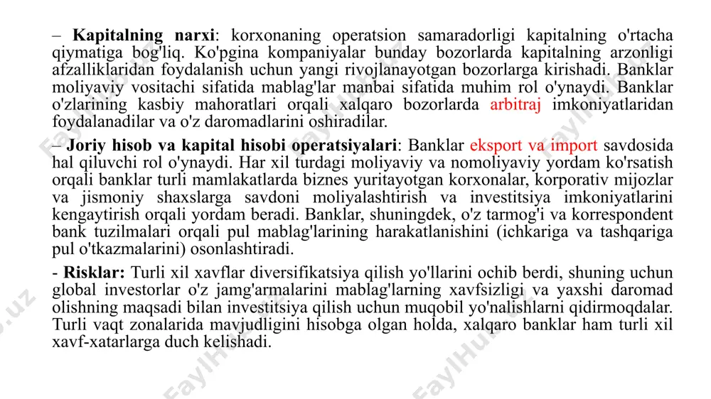 ar (yaqinlik), madaniyat, siyosiy tuzilmalar, tillar, valyuta, tizimlar va tartiblar, qonunchilik bazasi ishi, talqinlar va boshqalar tufayli. xalqaro tijorat va moliyaviy bozorlar har xil turdagi mijozlar/banklar bilan ishlashda har doim ko'plab farqlar va muammolarga duch keladi. xalqaro savdo asosan tegishli hujjatlar va huquqiy hujjatlarni qo'llab-quvvatlash bilan amalga oshiriladi. ishlatilgan muhim hujjatlardan ba'zilari quyidagilardir: akkreditivlar, kafolatlar, veksellar, savdo va kredit shartnomalari va boshqa qo'llab-quvvatlovchi tijorat (tijorat hisob-fakturasi) tashish (kononosament), riskni qoplash (sug'urta polisi) va me'yoriy hujjatlar. xalqaro savdo palatasi (icc) parij, ucdc (hujjatli kreditlar uchun yagona bojxona va amaliyot) va xalqaro savdoga oid ko'rsatmalarni nashr etadi. shuni hisobga olgan holda, hurmatli sudlar odatda ushbu ko'rsatmalarni tan oladilar va savdo nizolari bo'yicha hukm chiqarishdan o'zlarini saqlaydilar va manfaatdor tomonlarga turli bitimlar uchun tegishli icc nashrlari tomonidan boshqarilishi tavsiya etiladi. xalqaro savdo palatasi (icc) xalqaro savdo nizolarini hal qilish uchun yarashuv/arbitraj platformasini taqdim etadi. bundan tashqari, singapur xalqaro arbitraj markazi yaqinda xalqaro savdodagi …