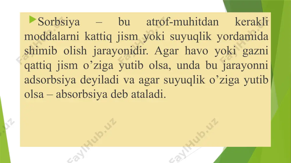 olish rekuperasion qurilmalarda amalga oshiriladi. adsorbent sifatida bunday qolatlarda faqat faollashtirilgan ko’mirdan foydalaniladi. rekuperasion qurilmalarining ishlash samaradorligi, (ya’ni erituvchi moddalarni ajratib olish darajasi) 85-95% ni tashkil yetadi. erituvchining adsorberdan chiqib ketayotgan gaz tarkibidagi qoldiqlari 0,5 g/m3 ni tashkil etishi mumkin. adsorbentlar orasida faollashtirilgan ko’mir bir qator afzalliklarga ega: 1. faollashtirilgan ko’mir gidrofob materialdir, ya’ni namlikni uziga shimib olmaydi. 2. u organik suyuqliklar bug’ini yuqori darajada yutib olib qobiliyatiga ega. 3. faollashtirilgan ko’mir nihoyatda mustahkam bo’lib, tarkibida modda qoldiqlarini ushlab qolmaydi. 4. desorbsiya jarayonlari o’tib bo’ltandan keyin, faollashtirilgan ko’mirni quritish va atmosfera havosiga sovutish mumkin. 5. adsorbsiya rekuperasion qurilmalarida shilatiladigan bunday ko’mirni 10 ming marotabagacha qayta ishlatish mumkin. konsentrasiyasi 10 g/m3 ga teng bo’lgan 1 tonna erituvchi moddaning faollashtirilgan ko’mir yordamida ushlab qolish uchun quyidagilar sarflanadi: bug’ (bosimi 0,3-0,5 mpa), tonna 2,0-3,5 sovutilgan (150 s) suv.m3 30-50 elektr energiyasi, kvt.soat 100-250 faollashtirilgan ko’mir, kg 0,5-1,0 ushbu ko’rsatgichlardan xulosa shuki, adsorbsiya rekuperasion …