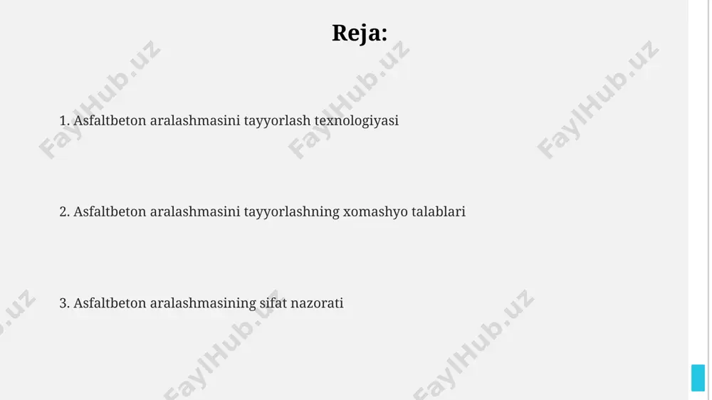 ahamiyatga ega bo'lib, ularning o'lchamlari 0,075 mm dan 70 mm gacha o'zgarib, optimal zichlikka erishish uchun aniq nisbatlarda qo'llaniladi. bitumning yopishqoqligi va qovushqoqligi asfaltbeton sifatiga bevosita ta'sir ko'rsatadi, shuning uchun 130-170 gradus haroratda tegishli viskozitega ega bo'lgan bitum navlari tanlanadi. aralashmani tayyorlash uskunalari аралашмани тайёрлашда 1500-2000 л ҳажмли барабанли аралаштиргичлардан фойдаланиш самарадорликни оширади, бунда 2-3 дақиқада бир хил масса ҳосил бўлади. замонавий аралаштиргичлардаги ҳарорат сенсорлари ва автоматлаштирилган тизимлар, 130-170°с диапазонидаги оптимал ҳароратни сақлашга ёрдам беради. юқори сифатли асфальтбетон аралашмасини олиш учун, 0,5-1,5% миқдоридаги минерал кукун қўшиш тавсия этилади, бу унинг мустаҳкамлигини оширади. aralashmaning tarkibi va optimal nisbatlar optimal nisbatlarni aniqlashda, asfalt bog‘lovchi moddaning miqdori (masalan, 5-7% oralig‘ida) agregatlarning turiga va ularning yuzasining xususiyatlariga bog‘liq holda aniqlanadi. aralashmaning tarkibiga kiruvchi agregatlarning maksimal o‘lchamlari, odatda, 25 mm dan oshmaydi va ularning gradasiyasi asfaltbeton aralashmasining mustahkamligini ta’minlash uchun qat’iy nazorat qilinadi. aralashmaning zichligi va bo‘shliqlar miqdori (odatda 3-5% oralig‘ida) asfaltbetonning sifat ko‘rsatkichlariga bevosita …