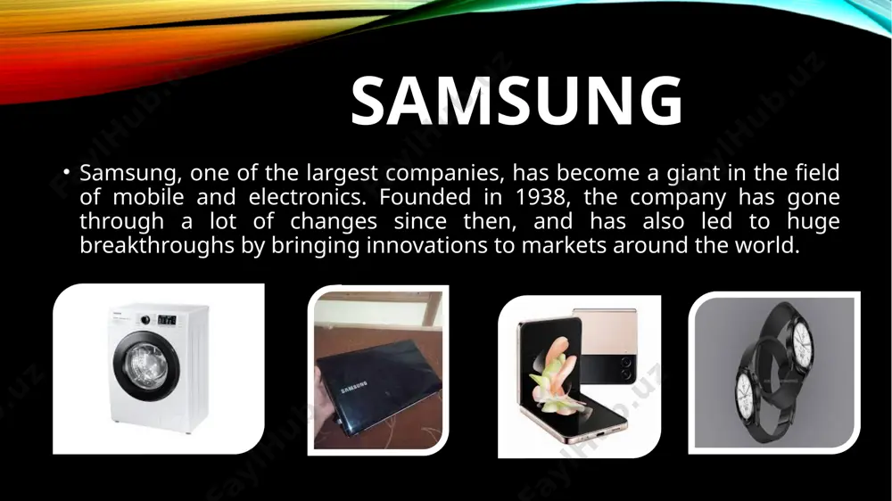 he korean stock exchange. a large part of this share is made up of only one samsung electronics division. samsung's foray into electronics came with the 1970s black-and-white television samsung's first electronic device was a 1970s color tv. in the following decades, the company expanded significantly, entering the mobile world with its 1986 car phone. the company's first window of the world devices were warmly received by consumers, but the handset was a commercial failure. the samsung logo was changed only 3 times although the company's logo was changed several times before the 70s, it has remained fairly stable since then. in 1993, the current logo was created, and samsung changed its logo only 3 times. the real activity of samsung electronics started in 1993 although samsung has been engaged in the business of electronic products for several decades, it was only in 1993 that the policy of making product …