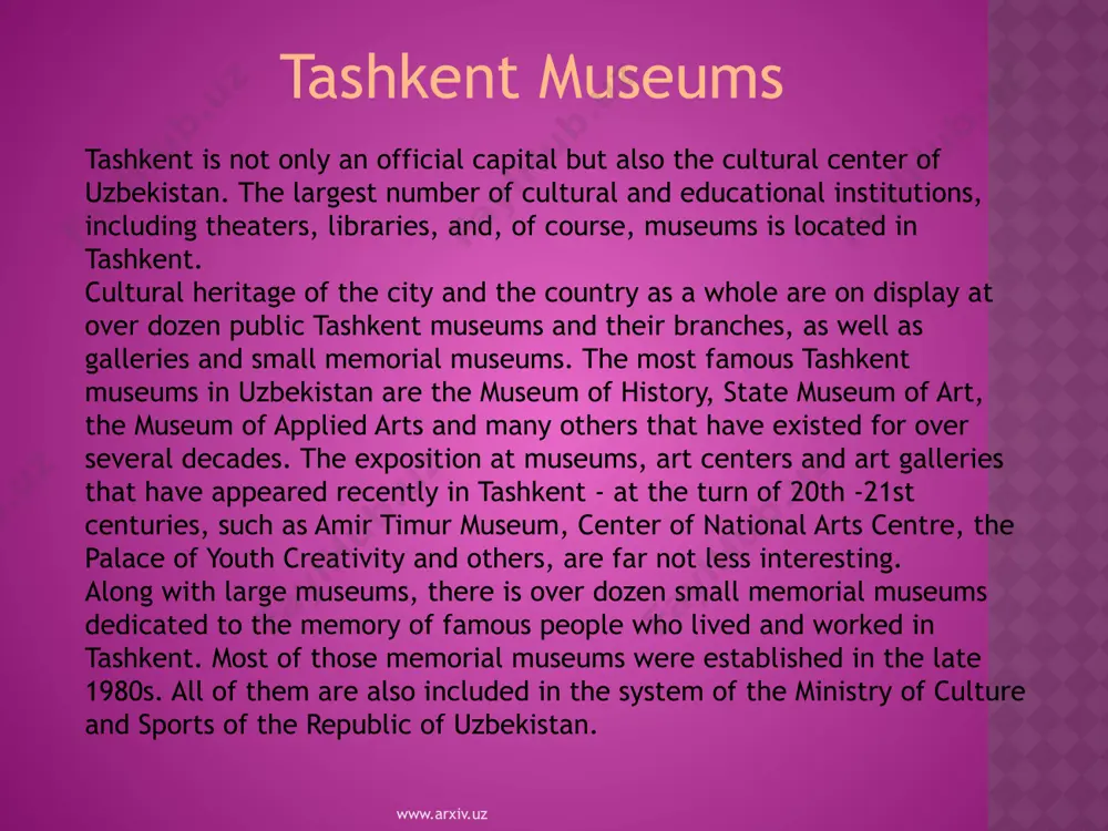 timur museum has collected more than three thousand exhibits that tell about the ancient history of our region. among them there are paintings, historical documents that relate to the life and activity of amir timur, unique manuscripts, weapons, old clothes, utensils, and various coins. each of the exhibits is a piece of history. www.arxiv.uz www.arxiv.uz museum of applied art of uzbekistan history of museum of applied art of uzbekistan dates back to 1927, when the first exhibition of artworks by artists of uzbekistan was held here. initially, the museum was called the museum of handicrafts, and in 1997 it was granted the state status and acquired its present name. the museum of applied art fund lists over 7,000 samples of applied arts: handmade embroidery, skull-caps (tyubeteyka), jewelry, carpets and other examples of craftsmanship of the beginning of the 19th century to present day. all the exhibits of museum of applied …