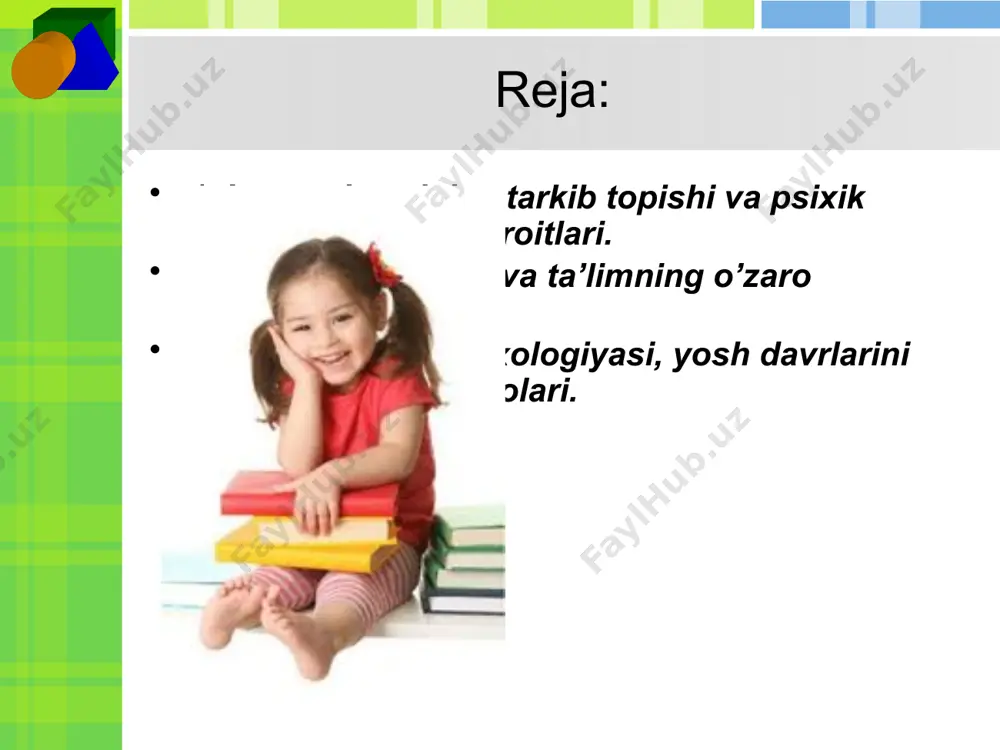 , dеb bo’lmaydi. muhit, ta’lim-tarbiya va tеgishli mashq, miya to’zilishining organikjihatdan еtilishiga yordam bеradi. bolaning psixik rivojlanishini bolaning psixik rivojlanishini harakatlar kеltiruvchi kuchlar murakkab va turli-tumandir. rivojlanishning mohiyatini qarama-qarshiliklar ko’rashidan, ichki ziddiyatlar bolaning, psixik rivojlanishini bеvosita harakatta kеltiruvchi kuchlar, ta’lim va tarbiya jarayonida yuzaga kеladigan hamda bartaraf qilinadigan eskilik va yangilik o’rtasidagi qarama-qarshiliklardan iboratdir. bunday ziddiyatlarga, masalan, faoliyat tomonidan yuzaga kеladigan yangi ehtiyojlar bilan ularni qondirish imkoniyatlari o’rtasidagi ziddiyatlar; bolaning o’sib borayotgan jismoniy va ruhni imkoniyatlari bilan esa, tarkib topgan o’zaro munosabat shakllari va faoliyat turlari o’rtasidagi ziddiyatlar; jamiyat, jamoa, katta odamlar tomonidan kundan-kunga ortib borayotgan talablar bilan psixik taraqqiyotning mazkur darajasi o’rtasidagi ziddiyatlar qiradi. rivojlanish faqat sof miqdor o’zgarishlari jarayonidan, ya’ni qandaydir psixik hodisalarning, xususiyat va sifatlarning kupayishi yoki kamayishidan iborat bo’lib qolmay, balki sifat jihatdan yangi xususiyatlarning, ya’ni yangidan hosil qilingan sifatlarning paydo bo’lishi bilan bog`likdir. psixologlar psixik rivojlanishning umumiy qonuniyatlari borlig ini qayd etib korsatmoqdalar. biroq muhit …