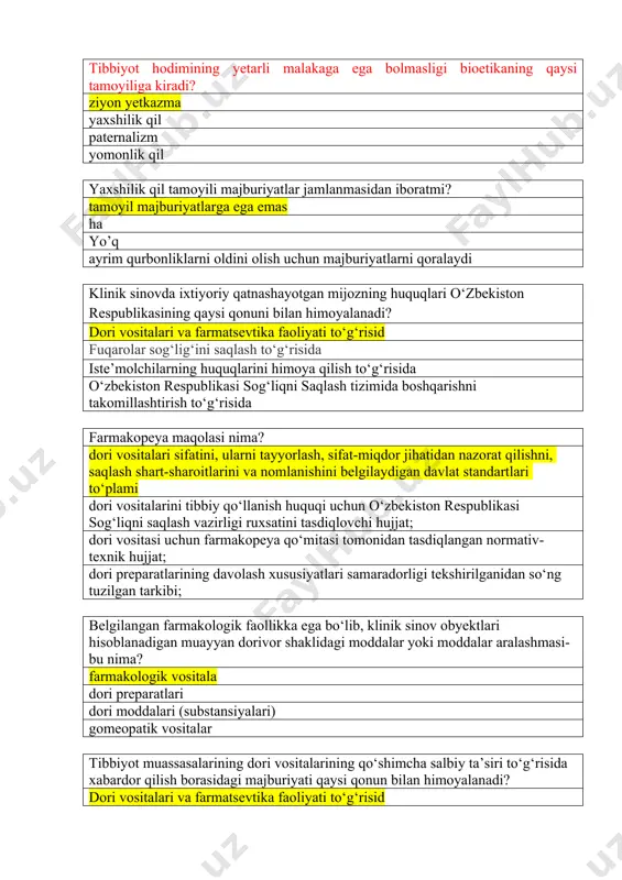 minlash, profilaktika, sanitariya-gigiyena, epidemiyaga qarshi va tabiatni muhofaza qilish tadbirlarini amalga oshirish; fuqarolarning sog‘liqni saqlash huquqiga oid tog’ri javobni toping? hamma javoblar to’g’ri. o‘zbekiston respublikasi fuqarolari sog‘liqni saqlash borasida daxlsiz huquqqa egadirlar. davlat yoshi, jinsi, irqi, millati, tili, dinga munosabati, ijtimoiy kelib chiqishi, e’tiqodi, shaxsiy va ijtimoiy mavqeidan qat’i nazar fuqarolarning sog‘lig‘i saqlanishini ta’minlaydi. davlat fuqarolarda kasalliklarning har qanday shakllari borligidan qat’i nazar, ularning kamsitishlardan himoya qilinishini kafolatlaydi. ushbu qoidani buzishda aybdor bo‘lgan shaxslar qonunda belgilangan tartibda javobgar bo‘ladilar. voyaga yetmaganlarning huquqlariga mos kelmaydigan javobni toping? protezlar, ortopedik va moslama buyumlar, eshitish apparatlari, harakatlanish vositalari va boshqa maxsus vositalar bilan imtiyozli tarzda ta’minlanish sanitariya-gigiyena ta’limi olish, o‘qish hamda o‘zlarining fiziologik xususiyatlari va sog‘lig‘iga mos sharoitlarda mehnat qilish; kasbga yaroqliligini aniqlash chog‘ida byudjet mablag‘lari hisobidan bepul tibbiy maslahatlar olish; sog‘liqni saqlash vazirligi tomonidan belgilanadigan tartibda dispanser nazoratida bo‘lish hamda bolalar va o‘smirlarning davolash-profilaktika muassasalarida davolanish favqulodda vaziyatlarda odamlarning hayotini saqlab qolish …