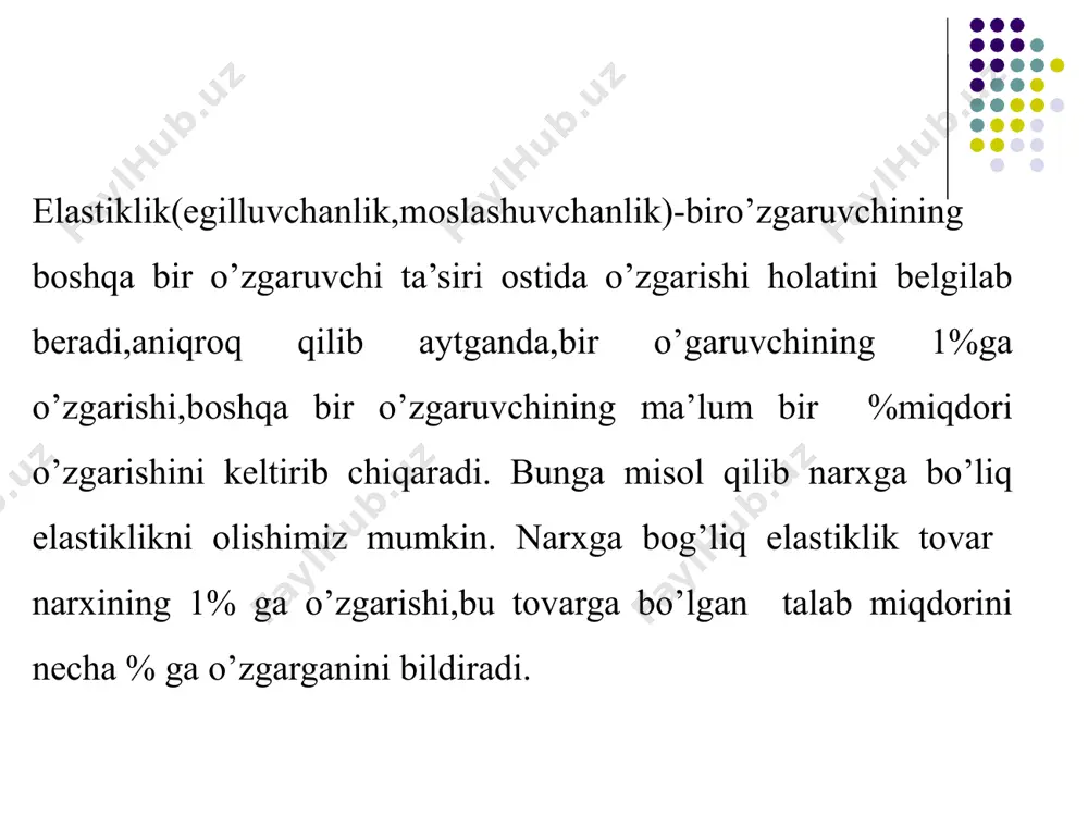 linadigan taklif miqdorining %bo’yicha o’zgarishini bildiradi. taklifning tovarning bozor narxiga nisbatan elastikligiqiymati musbat bo’ladi sababi,ishlab chiqaruvchilar uchun yuqori narx ularni ko’proq maxsulot ishlab chiqarishga rag’batlantiradi. taklif qanca ko’p elastik bo’lsa: *narx shuncha yuqori bo’ladi; **ishlab chiqarish pasayib ketadi; ***soliq tushumi pasayadi; *****ishlab chiqarishda yo’qotishlar kam bo’ladi.; ******iste’molchining yo’qotishlari ko’p bo’ladi.. talab qanchalik elastik bo’lsa: **narxning o’sishi past bo’ladi.; ***ishlab chiqarish hajmi tez pasayadi; ****soliq tushumlari kam bo’ladi; *****ishlab chiqaruvchining yo’qotishlari ortadi; ******iste’molchining yo’qotishlari kam bo’ladi.. taklif qanca ko’p elastik bo’lsa: *narx shuncha yuqori bo’ladi; **ishlab chiqarish pasayib ketadi; ***soliq tushumi pasayadi; *****ishlab chiqarishda yo’qotishlar kam bo’ladi.; ******iste’molchining yo’qotishlari ko’p bo’ladi.. talab qanchalik elastik bo’lsa: **narxning o’sishi past bo’ladi.; ***ishlab chiqarish hajmi tez pasayadi; ****soliq tushumlari kam bo’ladi; *****ishlab chiqaruvchining yo’qotishlari ortadi; ******iste’molchining yo’qotishlari kam bo’ladi.. e’tiborlaring raxmat! image1.wmf image2.wmf image3.wmf image4.wmf image5.wmf image6.wmf image7.wmf , %) ( %) ( p q e d p d d = % 100 % …