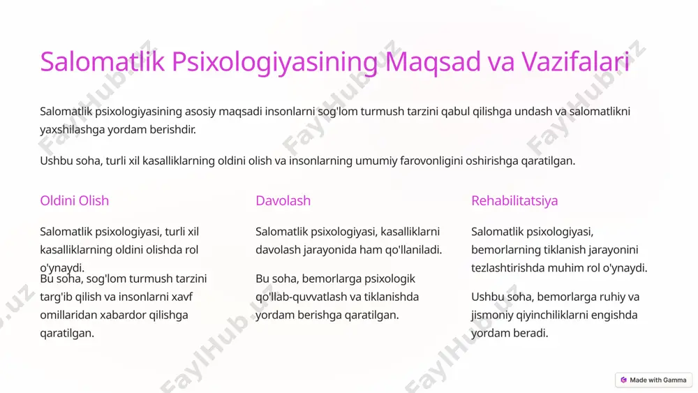 ydi. uzoq umr ko'rish yaxshi his-tuyg'ular, insonning umrining davomiyligini oshirishga yordam beradi. 6 salomatlik psixologiyasining bilish jarayonlariga ta'siri salomatlik psixologiyasi, insonning bilish jarayonlarini o'rganadi va ularning salomatlikka ta'sirini o'rganadi. ushbu soha, insonning fikrlash tarzi, qaror qabul qilish, xotira va diqqatni jamlash qobiliyatlarining salomatlikka qanday ta'sir qilishini o'rganadi. fikrlash tarzi salomatlik psixologiyasi, insonning fikrlash tarzi va salomatlik o'rtasidagi bog'liqlikni o'rganadi. qaror qabul qilish ushbu soha, insonning sog'liqni saqlashga oid qarorlarini qabul qilishda qanday psixologik omillar ta'sir qilishini o'rganadi. xotira salomatlik psixologiyasi, insonning xotira va uning salomatlikka ta'sirini o'rganadi. diqqat ushbu soha, insonning diqqatni jamlash qobiliyati va uning salomatlikka qanday ta'sir qilishini o'rganadi. 7 salomatlik psixologiyasining shaxsiy sifatlarga ta'siri salomatlik psixologiyasi, insonning shaxsiy sifatlari va uning salomatligiga ta'sirini o'rganadi. ushbu soha, optimizm, pessimizm, qat'iyatlilik, ijtimoiylashish va boshqa shaxsiy sifatlarning sog'liqqa qanday ta'sir qilishini o'rganadi. optimizm optimizm, insonning salomatligiga ijobiy ta'sir ko'rsatadi va kasalliklarga qarshilik ko'rsatish qobiliyatini oshiradi. qat'iyatlilik qat'iyatlilik, insonni sog'lom turmush …