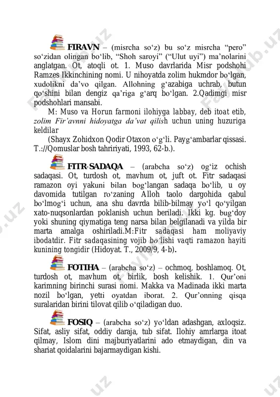 , islom dini majburiyatlarini ado etmaydigan, din va shariat qoidalarini bajarmaydigan kishi. fosiqdan hayo tilama, zolimdan vafo. (alisher. navoiy. mahbubul – qulub. t.://g‘.g‘ulom nashriyoti. 1983, 91 –b.) foiz – (arabcha so‘z) ot, turdosh ot, aniq ot, birlik, bosh kelishik ( fa’iz – un < fa’iz < foiz). foiz sоʻzi arab tilidagi faza fe’lining “оʻldirdi” ma’nosi asosida hosil qilingan bоʻlib, asli “me’yordan ortiqcha bоʻlgan ma’nosini anglatadi, keyinchalik bu sоʻz “prosent” ma’nosini anglatish uchun ishlatilgan (ars, 616). foiz. 1.biror son yoki miqdorning yuzdan bir hissasi, ulushi ( % belgisi bilan ifodalanadi).m:korxonamizdagi xizmatchilarning ellik foizi- xotin-qizlar. 2.qarzga olgan puldan foydalanganlik uchun pul egasiga tоʻlab turiladigan haq, foyda. m:yaqinda bir million sakkiz yuz ming sоʻm pulini olti foiz foydasi bilan bankdan oldi. 3. daromadga qarab tоʻlanadigan yoki olinadigan hissa (оʻtil, iv, 353). foyda – (arabcha so‘z) ot, turdosh ot, mavhum ot, birlik, bosh kelishik, yasama (fa’idat < foyda). bu sоʻz arab tilida “foydali bоʻldi …