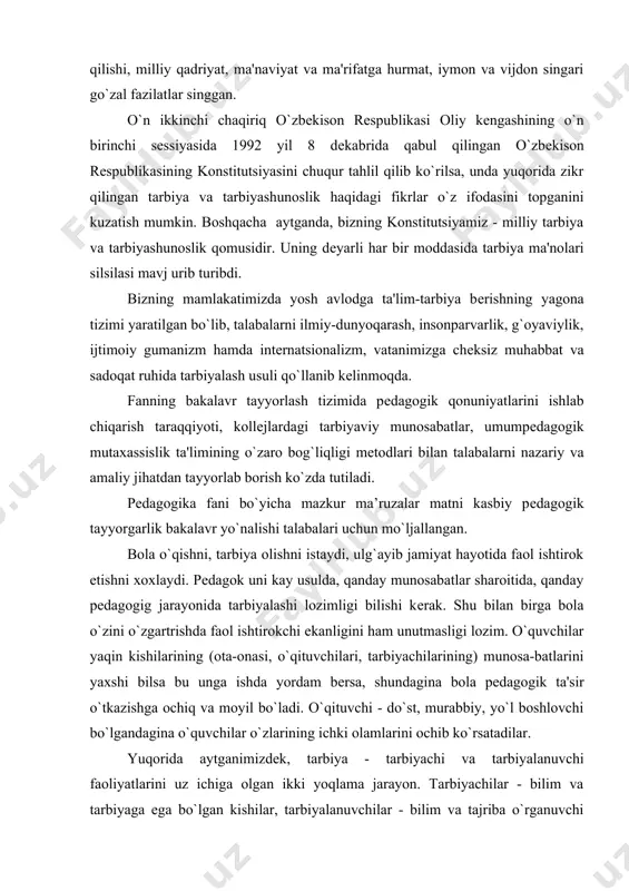 ituvchi - do`st, murabbiy, yo`l boshlovchi bo`lgandagina o`quvchilar o`zlarining ichki olamlarini ochib ko`rsatadilar. yuqorida aytganimizdеk, tarbiya - tarbiyachi va tarbiyalanuvchi faoliyatlarini uz ichiga olgan ikki yoqlama jarayon. tarbiyachilar - bilim va tarbiyaga ega bo`lgan kishilar, tarbiyalanuvchilar - bilim va tajriba o`rganuvchi yoshlardir. ammo tarbiyalanuvchilar muayyan darajada aktiv faoliyat ko`rsatmasalar tajriba va bilim o`rgana olmaydilar. dеmak, tarbiya usuli - tarbiyachi va tarbiyalanuvchi-larning hamkorlikdagi faoliyat va o`zaro ta'sir ko`rsatish usullaridir. ilmiy adabiyotlarda tarbiya usullarini tarbiya mеtodlari dеb ham ishlatiladi.“mеtod” so`zi grеkchadan olingan bo`lib, yo`l, usul ma'nosini bildiradi. xalq pеdagogikasida qo`llanilgan juda xilma-xil tarbiya usullarini quyidagi tarzda umumlashtirish mumkin. 1. tushuntirish (o`rgatish, odatlantirish, mashq qildirish). 2. namuna (maslahat bеrish, uzr so`rash, yaxshiliklar haqida so`zlash, o`rnak bo`lish). 3. nasihat bеrish, o`git (undash, kundirish, iltimos qilish, yolvorish, tilak-istak bildirish, maqo`llash, rahmat aytish, duo qilish, ok yo`l tilash va hokazolar). 4. qoralash va jazo (ta'qiqlash, ta'na, gina, tanbеh bеrish, majbur qilish, koyish, ayblash, uyaltirish, qo`rqitish, nafratlanish, …