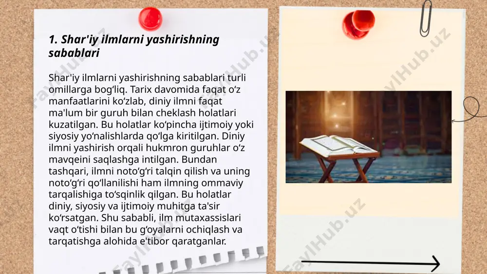 zararli oqibatlari insoniyat uchun juda katta xavf tug'dirishi mumkin. ushbu ilmlar orasida nazoratdan chiqib ketishi mumkin bo'lgan biologik qurollar, kimyoviy moddalar yoki atom qurollari mavjud. masalan, atom qurolining yaratilishi faqatgina hiroshimada 140 ming, nagasakida esa 70 mingdan ortiq odamning halok bo'lishiga olib keldi. kimyoviy qurollar esa taqiqlanganiga qaramay, ba'zan foydalanilib, minglab odamlar salomatligiga zarar yetkazadi. biologik qurollar esa virus yoki bakteriyalarni qurol sifatida ishlatib, global pandemiyalarga sabab bo'lishi mumkin. yashirin ilmiy tadqiqotlarning nazoratsiz ravishda amalga oshirilishi insoniyat uchun jiddiy xavf tug'dirishini inkor etish mumkin emas. ... t.me/slaydai_bot 7. ilm olishni rag'batlantirish usullari 1. ilm olishga qiziqishni ko'paytirish uchun o'yinlar va tanlovlar tashkil etish mumkin. 2. har oy ijobiy natijalar ko'rsatgan talabalarga mukofotlar berish. 3. o'quvchilar uchun bepul qo'shimcha darslar va konsultatsiyalar tashkil qilish. 4. o'qituvchilar va muvaffaqiyatli bitiruvchilarni motivatsion suhbatlarga taklif qilish. 5. ilm-fan olamidagi yangi kashfiyotlar va texnologiyalar haqida muntazam seminarlar o'tkazish. 6. internetdagi ta'lim platformalariga chegirmalar taqdim etish. …