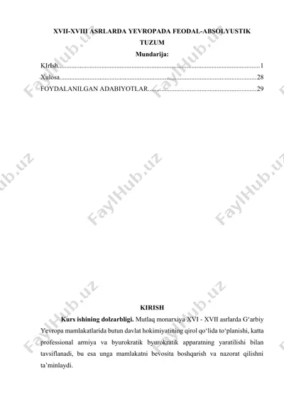 xvii-xviii asrlarda yevropada feodal-absolyustik tuzum — DOCX