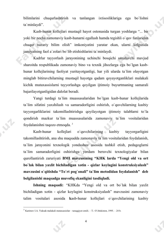 iq qilish; - yengi old va ort bo`lak bilan yaxlit bichilgan xotin-qizlar koylagini konstruksiyalash jarayonini amalga oshirish; - pedagogik texnologiyalarni qo`llash metod va vositalarini o`rganish; - kasbiy ta`lim boyicha muhandis-pedagoglarni tayyorlash jarayonida ta`lim texnologiyalarini qo`llash samaradorligi haqida mulohaza yuritish - khkda “yengi old va ort bo`lak bilan yaxlit bichiladigan xotin - qizlar koylagini konstruksiyalash” mavzusini zamonaviy pedagogik texnologiyalar asosida o`qitish uslubiyotini ishlab chiqish · zamonaviy ta`lim vositalari asosida kasb-hunar kollejlari o`quvchilarining kasbiy tayyorgarligini takomillashtirishda istiqbolli natijalarni kafolatlovchi ilmiy-metodik tavsiyalarni ishlab chiqish va ularni tajriba sinovidan o`tkazish. bmi amaliy ahamiyati quyidagilardan iborat: - mavzu yuzasidan tayyorlangan dars ishlanmalaridan kasb-hunar kollejlari o`qituvchilari, amaliyotchilar, to`garak rahbarlari maxsus fanlarni o`qitish jarayonlarida foydalanishlari mumkin. bmining ilmiy-uslubiy yangiligi: - khkda “yengi old va ort bo`lak bilan yaxlit bichiladigan xotin - qizlar koylagini konstruksiyalash” mavzusini zamonaviy pedagogik texnologiyalar va ta`lim vositalari asosida o`qitish uslubiyoti ishlab chiqilganligi; - “yengi old va ort bo`lak bilan yaxlit bichiladigan xotin - …