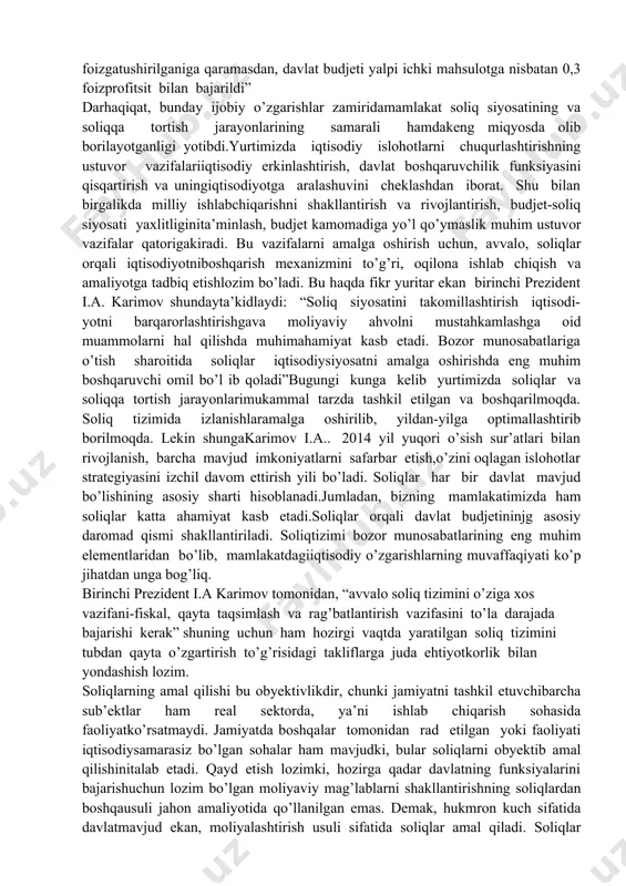 soliqlar katta ahamiyat kasb etadi.soliqlar orqali davlat budjetininjg asosiy daromad qismi shakllantiriladi. soliqtizimi bozor munosabatlarining eng muhim elementlaridan bo’lib, mamlakatdagiiqtisodiy o’zgarishlarning muvaffaqiyati ko’p jihatdan unga bog’liq. birinchi prezident i.a karimov tomonidan, “avvalo soliq tizimini o’ziga xos vazifani-fiskal, qayta taqsimlash va rag’batlantirish vazifasini to’la darajada bajarishi kerak” shuning uchun ham hozirgi vaqtda yaratilgan soliq tizimini tubdan qayta o’zgartirish to’g’risidagi takliflarga juda ehtiyotkorlik bilan yondashish lozim. soliqlarning amal qilishi bu obyektivlikdir, chunki jamiyatni tashkil etuvchibarcha sub’ektlar ham real sektorda, ya’ni ishlab chiqarish sohasida faoliyatko’rsatmaydi. jamiyatda boshqalar tomonidan rad etilgan yoki faoliyati iqtisodiysamarasiz bo’lgan sohalar ham mavjudki, bular soliqlarni obyektib amal qilishinitalab etadi. qayd etish lozimki, hozirga qadar davlatning funksiyalarini bajarishuchun lozim bo’lgan moliyaviy mag’lablarni shakllantirishning soliqlardan boshqausuli jahon amaliyotida qo’llanilgan emas. demak, hukmron kuch sifatida davlatmavjud ekan, moliyalashtirish usuli sifatida soliqlar amal qiladi. soliqlar majburiyto’lovlarni ifoda etuvchi pullik munosabatlarni bildiradi. bu munosabatlar soliqto’lovchilar bilan ularni o’z mulkiga aylantiruvchi davlat o’rtasida bo’ladi. davlat …