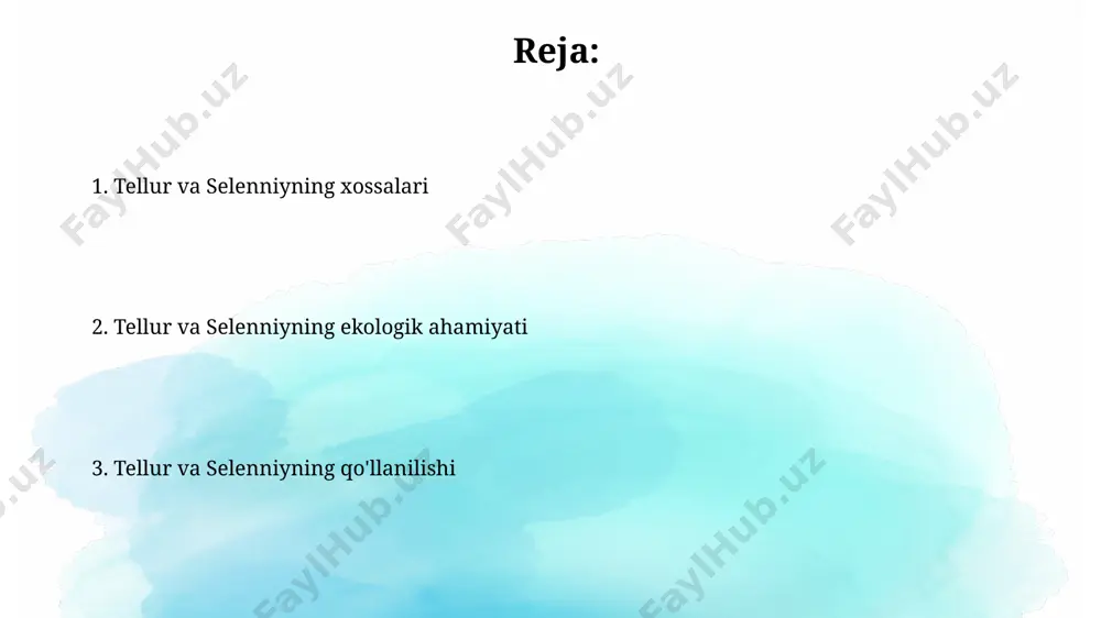 eleniy bo'lib, qizil rangga ega va amorf tuzilishga ega. bu xususiyat uni fotoelektrik qurilmalarda ishlatishga imkon beradi. tellur va selenniyning fizik xossalari tellur metallsimon ko'rinishga ega, 452°c da suyuqlanadi va zichligi 6,24 g/sm³ bo'lib, germaniya yoki o'zbekiston kabi mamlakatlarda topiladi. tellur va selenniyning ikkalasi ham yarim o'tkazgich xossalariga ega bo'lib, ularning elektr o'tkazuvchanligi haroratga bog'liq va 10 -6 dan 10 -4 s/m gacha o'zgaradi. tellur va selenniyning olinishi tellur, asosan, mis va oltin konlaridan, masalan, aqshning kolorado shtatida joylashgan konlardan, elektr toki yordamida elektroliz usuli bilan olinadi, uning miqdori rudalarda 0,1% dan kam bo'lishi mumkin. selenniy sanoatda misni elektrolitik tozalash jarayonida hosil boʻladigan anod loyidan ajratib olinadi, bu loy tarkibida 1 dan 5% gacha seleniy boʻladi, asosan kanada va chili kabi mamlakatlarda qazib olinadi. tellur va selenniyning biologik ahamiyati odam organizmi uchun selenniyning sutkada 55-70 mkkg miqdorda kerakligi aniqlangan, uning yetarli bo'lmaganligi esa qozog'iston va xitoyning ayrim hududlarida selen yetishmovchiligi …