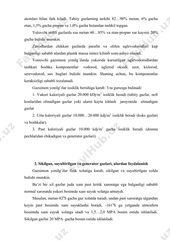 sikilgan gazlar kuyidagi kurinishlarda: tabiiy, koksli, metanli va boyitilgan koksli buladi. ammo respublikamizda asosan tabiiy sikilgan gazlar ishlatiladi. sikilgan gazlarning asosiy komponenti metan xisoblanadi. suyuk yonilg`ilardagi kabi gazsimon yonilg`ilar tarkibida xam serovodorod bulmasligi kerak. uning tarkibida vodorod kup bulganligi sababli yonish jarayoni juda xam yaxshi kechadi, shuningdek xamma silindrlarga bir xil mikdorda yuboriladi. silindrlarga bir tekis tarkalmaslik darajasi suyuk yonilg`ilarda 35% gacha bulsa, gazsimon yonilg`ilarda 20% gacha bulishi mumkin. demak, dvigatelning bir tekis ishlashini ta’minlaydi. shuningdek sikilgan gazlarda ishlaganda dvigatel kambagallashgan ozikada ((=1,2…1,3) ishlaydi, natijada uning tarkibida bulishi mumkin bulgan zaxarli gazlar yonib, atmosferaga chikarib yuborilishi benzinda ishlagandagiga karaganda uglerod oksidlari 2…3 barobar, azot oksidi 1,2…2, uglevodorodlar 1,1…1,4 barobar kamayadi. sikilgan gazlar a va b markada ishlatilib, ularning asosiy kursatkichlari kuyidagicha. sikilgan gazlarning asosiy kursatkichlari asosiy kursatkichlar markasi a b komponentlari tarkibi% xisobida metan 95(5 90(5 etan 4 4 propan 1,5 1,5 butan 1 1 pentan 0,3 0,3 uglerod ikki …