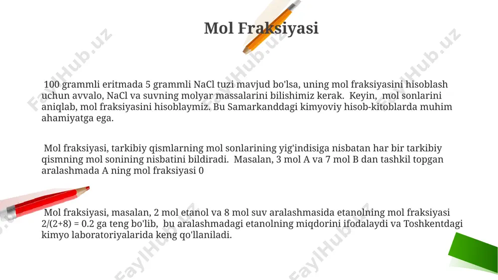 hi 1 kg erituvchiga to'g'ri keladigan erigan modda mollarini bildiradi, masalan, 2 molal nacl eritmasi 1 kg suvda 2 mol natriy xloridni o'z ichiga oladi. massa ulushi (w) esa erigan modda massasining eritma umumiy massasiga nisbatini foizlarda ifodalaydi, masalan, 10% li nacl eritmasi 100 g eritmada 10 g natriy xloridni o'z ichiga oladi, toshkentdagi kimyo laboratoriyalarida keng qo'llaniladi. molar konsentratsiya hisobi molyar konsentratsiyani hisoblashda 1 litr eritmada erigan moddaning molyar massasi (masalan, nacl uchun 58,44 g/mol) va erigan modda miqdorini (grammda) bilish kerak. bu hisoblash natijasi mol/l yoki m da ifodalanadi va toshkentdagi kimyoviy laboratoriyalarda keng qo‘llaniladi. molyar konsentratsiyani aniqlashda, masalan, 100 ml eritmada 0,02 mol kaliy permanganat (kmno4) mavjud bo‘lsa, 0,2 mol/l molyar konsentratsiya hosil bo‘ladi. bu samarqanddagi o‘lchovlarni amalga oshirishda muhim ahamiyatga ega. 250 ml hajmli kolbaga 0,5 mol natriy xlorid (nacl) eritmasi tayyorlash uchun 29,22 gramm nacl ni tortish va kolbani distillangan suv bilan belgiligacha to‘ldirish kerak. …