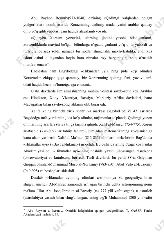 ademiyasi ishining davom etttiruvchilari g'iyosiddin jamshid al-koshiy bir daraja sinusini hisoblash vii asrda arabistonning beqiyos rivojlanib ketishidan butun dunyo hayratda qoldi. vi-vii asrlarda araviya siyosiy va iqtisodiy tanglikni boshidan kechirar edi. 622 yili muhammad payg'ambarimiz o'zining siyosiy muxoliflaridan qochib, makkadan yasrib (madina)ga o'tdi va yasribda islom(yakka xudolik) dinini yaratdi. o'sha shaharda islomni qabul qilganlarning ittifoqini tuzdi. ittifoq a'zolari muhammadni payg'ambar deb tan olishdi. o'sha 622 yil musulmon kalendarining, ya'ni hijriy yil hisobining boshi uchun qabul qilindi, 630 yili muhammad makkaga qaytib keldi va o'z muxoliflari ustidan g'alaba qozondi. u 632 yili esa vafot etdi. uning o'rinbosarlari-xaliflar dinsizlarga islom dinini qabul qildirish shiori ostida sharq va g'arb mamlakatlariga bir necha harbiy yurishlar uyushtirishdi. ular salkam yuz yil ichida dunyoning juda ko'p qismini bosib olishdi. ular 711 yili afrika bo'g'ozi orqali yevropaga hujum qildi. 712 yili xorazm va panjobni zabt etdi. viii asrning o'rtalarida arablar afrikaning o'rta yer dengizi sohillaridagi mamlakatlarida, yaqin …