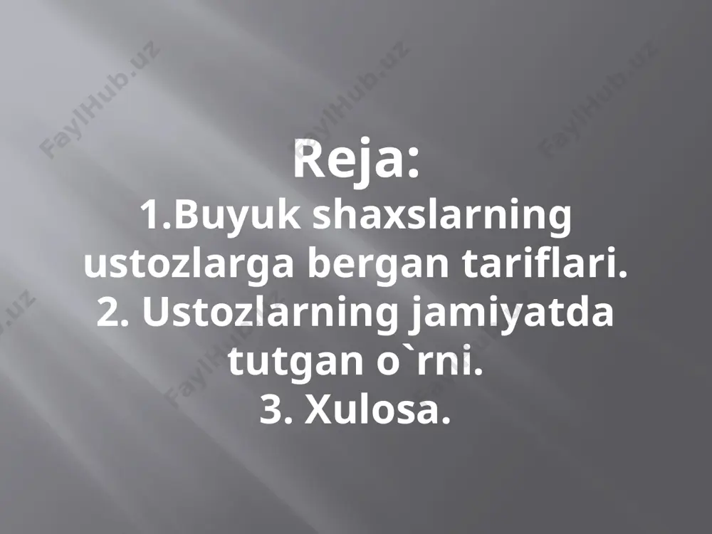 b qolgan madaniy boyliklari xazinasiga xalq orasidagi ustoz-shogird an’analarini ham kiritish mumkin. bu nodir an’ana mamlakatni yuksaltirishda beqiyos o’rin tutadi. inson o’zi qiziqib tanlagan sohaning ustasi bo’lsa, ongli hayot kechirish uchun zarur moddiy istaklar (rizq-nasiba butunligi, dasturxon to’kinligi, qulay shart-sharoit) va ma’naviy ehtiyoj (poklanish, hayotdan mazmun va halovat topish) uyg’unligiga erishadi. istiqlol yillarida o’zbekistonda taraqqiyotning barcha sohalarida amalga oshirilayotgan tub o’zgarishlar xalqimizning ezgu intilishlari negizi – barkamol avlod orzusini ro’yobga chiqarishga xizmat qilmoqda. mustaqillikning dastlabki kunlaridan boshlab ma’naviy sohalarda ham islohotlar olib borish zaruriyati tug’ildi. “biz uchun, - degan edi prezident i.a.karimov, -ma’naviyat, tarixiy va madaniy qadriyatlar, aholining ma’naviy, axloqiy holati, yosh avlodni tarbiyalash eng asosiy ustuvor vazifa bo’lishi lozim”. darhaqiqat, mamlakatimiz tarixini so’ngi davrlariga nazar tashlar ekanmiz, sobiq ittifoq davrida yurtimizda barcha sohalar qatorida madaniy boyliklarimiz asosini taminlashga xizmat qiluvchi soha hisoblangan arxiv ishiga bo’lgan e’tiborsizlik oqibatida soha jamiyatda o’z o’rnini yo’qotgan edi. shuningdek, soha vakillarining aksariyatining yoshi o’tgan …
