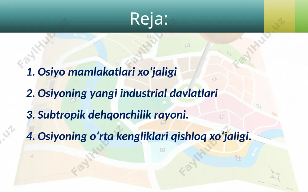 nchilik rayoni. unda subtropik dehqonchilik (sitrus bog‘dorchiligi va uzumchilik), mahsuldor donchilik va ayrim chorvachilik sohalari rivojlangan. uchinchi – janubi-g‘arbiy osiyoning cho‘l qismi qishloq xo‘jaligi. unda, asosan, sug‘orish asosida tarkib topgan voha va vodiy dehqonchiligi (donchilik, paxtachilik, xurmo yetishtirish) va cho‘l chorvachiligi tarmoqlari ahamiyatlidir. to‘rtinchi – osiyoning o‘rta kengliklari qishloq xo‘jaligi. shuningdek, osiyoning shimoliy o‘rmon va tundra mintaqalarida shakllangan bug‘uchilik, ovchilik bilan baland tog‘ mintaqalarida shug‘ullaniladigan tog‘- yaylov chorvachiligi image2.jpg image3.jpeg image4.jpeg image5.jpeg image6.jpeg image7.jpeg image8.jpeg image9.jpeg image10.jpeg image11.jpeg image12.jpeg image13.jpeg image14.jpeg image15.jpeg image16.jpeg image17.jpeg image18.jpeg image19.jpeg image20.jpeg image21.jpeg image22.jpeg image23.jpeg image24.jpeg image25.jpeg image26.jpeg image27.jpeg image28.jpeg image1.jpg