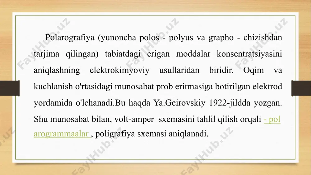 masidagi turli ionlar tarkibini sifat va miqdoriy tahlil qilish uchun elektrokimyoviy analitik asbobdir. sinov natijasi polarografik egri yoki polarogramma hisoblanadi. qutbli grafikdagi har bir moddaning yarim to'lqin potentsiali sifat tahlili uchun asos bo'lib, to'lqin balandligi esa miqdoriy tahlil uchun chegara diffuziya oqimini ifodalaydi. polarografik tahlil mashinasi keng doiradagi ilovalarga ega va noorganik ionlar va organik moddalarni tahlil qilish uchun ishlatilishi mumkin. ko'pgina milliy standartlar va sanoat standartlari, ayniqsa geologiya, metallurgiya, tuproq, salomatlik va epidemiyaning oldini olish, fizik va kimyoviy sinovlar. polarimetrik tahlilda simob tomchi elektrodlarini ishchi elektrodlar sifatida qo'llash bugungi sharoitda biroz anaxronistik bo'lsa-da, to'g'ri ishlasa ham, simob yopiq muhitda ishlaydi va atrof-muhitga hech qanday ta'sir qilmaydi o'lchash uchun komponentlarning keng doirasi odatda, elektrolitdagi o'lchangan komponentlarning kontsentratsiyasi diapazoni 10-5 dan 10-2 mol/ l l gacha, bu iz komponentlarini aniqlash uchun mos keladi. so'nggi yillarda doimiy komponentlarni aniqlash uchun ham foydalanilgan. agar ba'zi so'nggi polarografik usullar qo'llanilsa, elektrolitdagi o'lchanadigan komponentlarning kontsentratsiyasi …