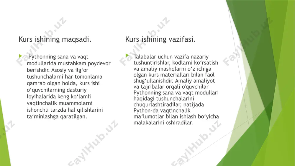 ishlash uchun sinflarni taqdim etadi. asosiy sinflar orasida datetime, date, time, va timedelta mavjud. sana va vaqt ustida arifmetik amallarni (qo‘shish, ayirish) bajarishga imkon beradi. endi datetime moduliga oid dasturlarni ko’rib chiqamiz datetime modulining sana klassi sanalarni saqlash va boshqarish uchun ishlatiladi. foydalanish: import datetime d = datetime.date(2020, 7, 15) year = d.year month = d.month day = d.day weekday = d.weekday() today = datetime.date.today() print(year) print(month) print(day) print(weekday) print(today) = restart: c:/users/user/appdata/local/programs/python/python312/adham vaqt bn ishlash.py 2020 7 15 2 2024-05-26 ushbu kod datetime modulini import qiladi va sana obyektini yaratadi. keyin u sananing yilini, oyi va kunini, shuningdek, sana uchun ish kuni raqamini oladi. nihoyat, u bugungi sanani oladi. ushbu kod datetime modulini import qiladi va datetime obyektini yaratadi. keyin u sananing yil, oy, kun, soat, daqiqa va soniyani oladi. nihoyat, u bugungi sana vaqtini oladi. import datetime dt = datetime.datetime(2020, 7, 15, 12, 30, 45) datetime year = …