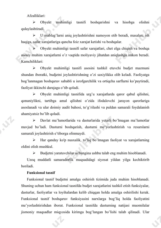 ing alohida bo’limi ta’lim dastur odatda yakuniy mavjud bo’lgan funksiyaning segmentidir. ushbu yakun davlatning muhim bo’linishi bilan ta’minlanadi. boshlang’ich/ o’rta/ texnik/ professional ta’lim faoliyat/ loyiha dasturning bir turiga kiruvchi ishlar yoki jadvallarga bo’linishi. maktab binosi, labaratoriyalarini qurilishi va boshqalar 1-jadval. funksional klassifikatsiya tasniflanishi. ushbu turdagi tasnif davlat manbalari tabiati va jamiyat sarfining ulushi haqidagi ma’lumotlar bilan ta’minlaydi. iqtisodiy tasnif davlat budjeti iqtisodiyotga ta’sir ko’rsatuvchi omil bo’lib hisoblanadi. chunki uning to’la hajmdagi tasdiq hujjatlari va davlat sarflari va budjet orqali ifodalanadigan turli xil siyosatlari iqtisodiyotning tarkibini va yo’nalishini o’zgartira olishi mumkin bo’lgan muhim omillar hisoblanadi. shu sababli budjet ta’minotini iqtisodiy ko’lamlar jihatidan guruhlash muhim hisoblanadi. masalan, kapital shakllanishida qancha chetdan ajratildi, qancha to’g’ridan-to’g’ri sarflandi, qancha pul mablag’i grantlar, kreditlar berish orqali boshqa iqtisodiyot sohalariga davlat tomonidan o’tkazildi va boshqalar. iqtisodiy tasniflash davlatning umumiy harajatlarini foydali iqtisodiy turlarga ajratadi. ular investitsiya, chiqim, kirimning yaralishi, kapital shakllanishi va boshqalar. quyida turkumlanish keltirilgan. umumiy …