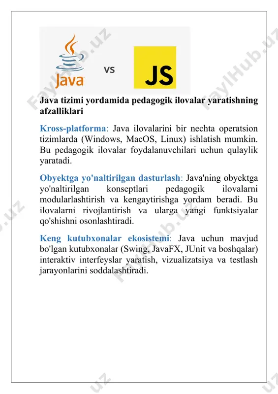 . ehtiyojlarni tahlil qilish: dastlab, pedagogik ilovadan kutilgan natijalar va foydalanuvchilarning ehtiyojlari aniq belgilanadi. masalan, darslik, mashqlar, testlar yoki simulyatsiyalar yaratish. 2. ilova dizaynini yaratish: o'quvchilar uchun interaktiv va intuitiv interfeyslarni yaratish. bu foydalanuvchilarning dastur bilan oson ishlashini ta'minlaydi. javafx yoki swing kabi kutubxonalar yordamida foydalanuvchi interfeysi yaratish. 3. dasturlash va kodlash: java tilida ilovaning funktsional qismlari yoziladi. masalan, ma'lumotlar bazasi bilan ishlash, matematik hisoblashlar, testlar yaratish va boshqa pedagogik funksiyalarni amalga oshirish. obyektga yo'naltirilgan dasturlash paradigmalaridan foydalanish, shuningdek, o'quvchilarning malakalarini o'lchash va ularni baholash tizimini yaratish. 4. sinov va tekshirish: ilova ishlab chiqilganidan keyin, uni sinovdan o'tkazish zarur. foydalanuvchi xatoliklari va tizim ishini yaxshilash uchun beta-testlar o'tkaziladi. 5. integratsiya va qo'llab-quvvatlash: dastur muvaffaqiyatli ishlab chiqilganidan so'ng, uni foydalanuvchilarga yetkazish va kerakli qo'llab-quvvatlash xizmatlarini taqdim etish java tizimi yordamida ishlab chiqilgan pedagogik ilovalar misollari e-texnologiyalarni o'qitishda qo'llash: mathsolver – matematika masalalarini yechish uchun interaktiv ilova, foydalanuvchilarga masalalarni yechishda yordam beradi. …
